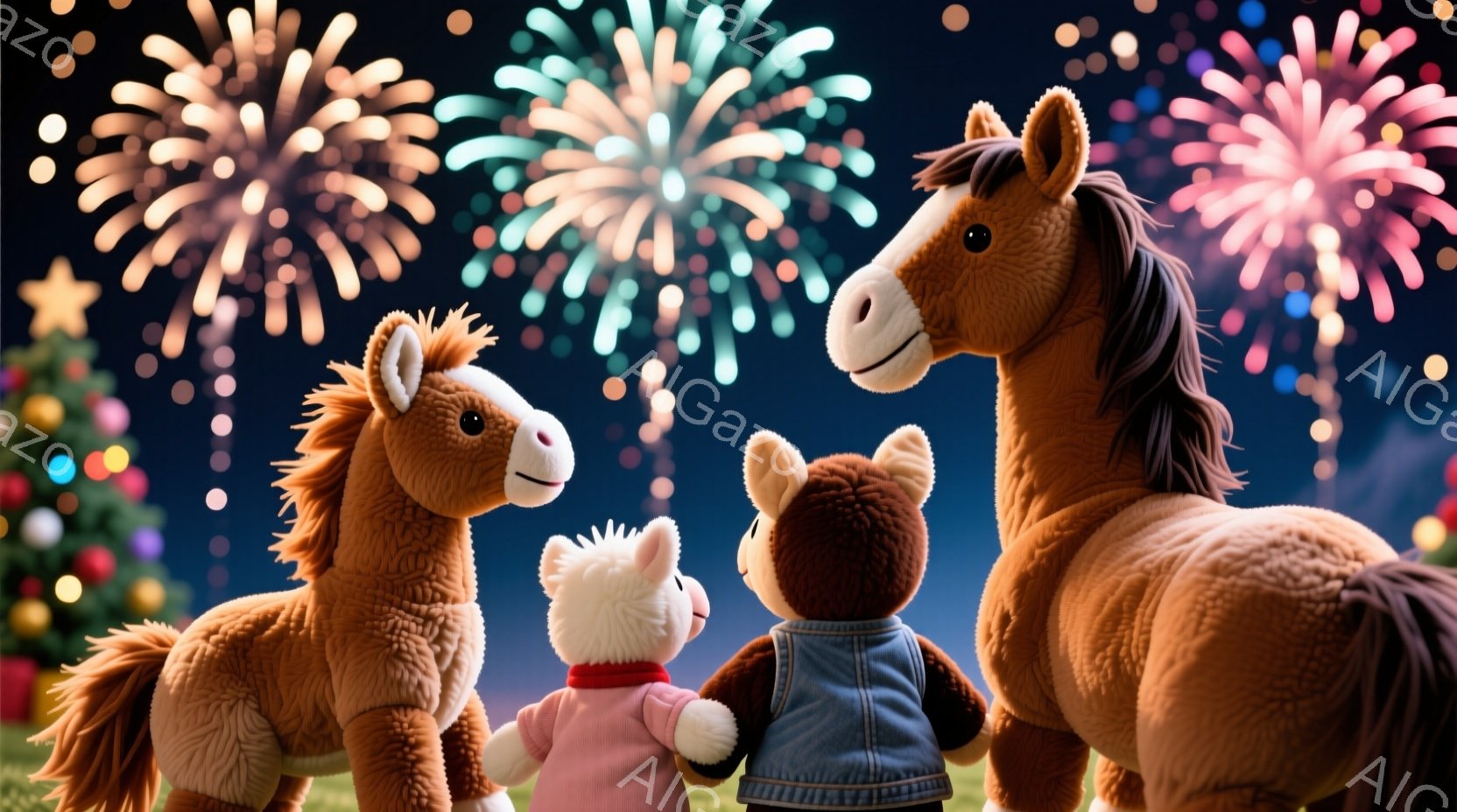 ぬいぐるみのアニマルたちが夜空を見上げています。左から茶色の馬、ピンクの動物、茶色の馬の順に並び、ピンクの動物はデニムジャケットを着ています。背景には、緑の芝生とクリスマスの飾り付け、そして夜空に咲き誇る美しい花火が広がっています。