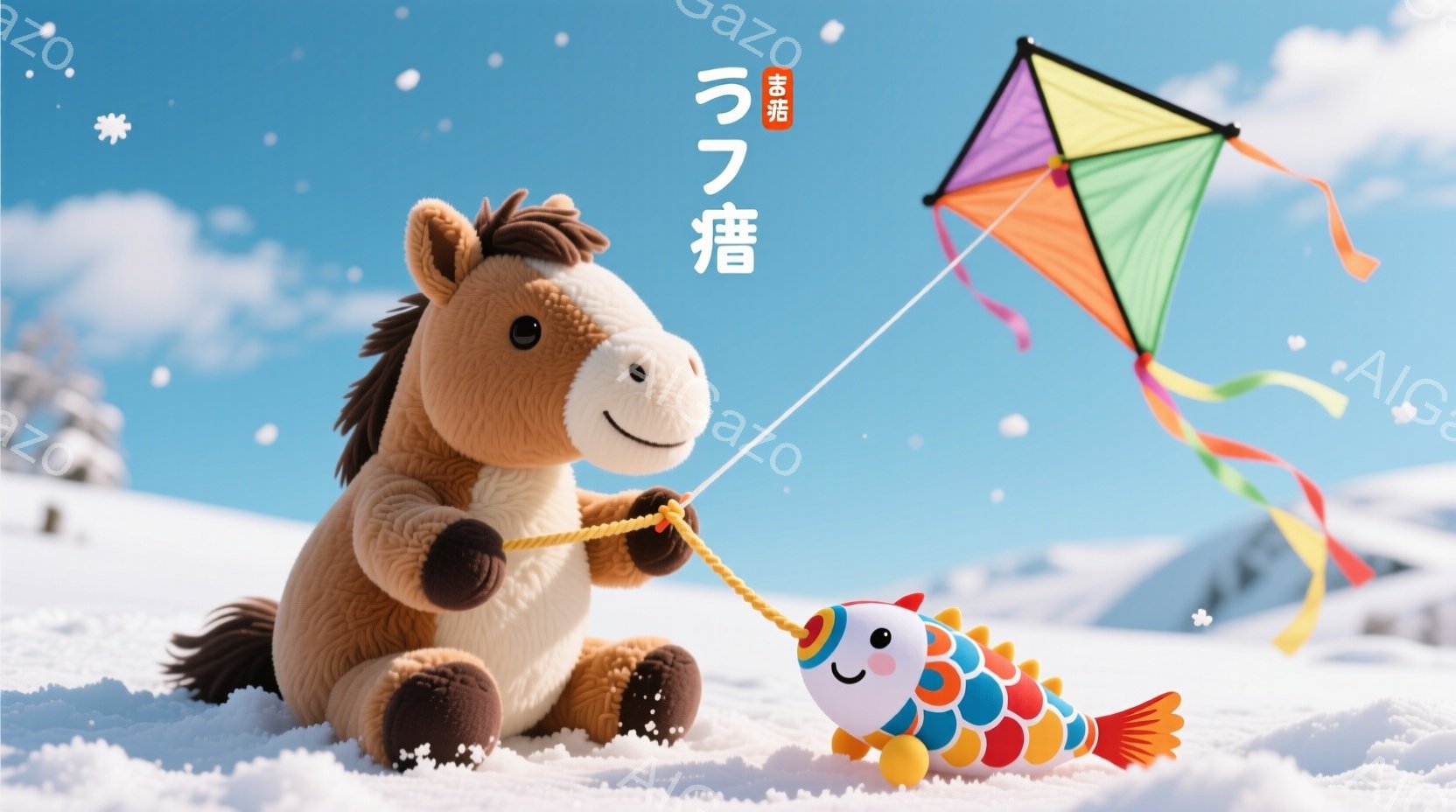 ふわふわの茶色の馬のぬいぐるみは雪の上に座っており、カラフルな凧を手にしています。凧は空高く舞い上がり、背景には雪を頂いた山々が広がっています。全体的に、冬の穏やかで遊び心のある雰囲気が漂っています。 - AI生成フリー素材
