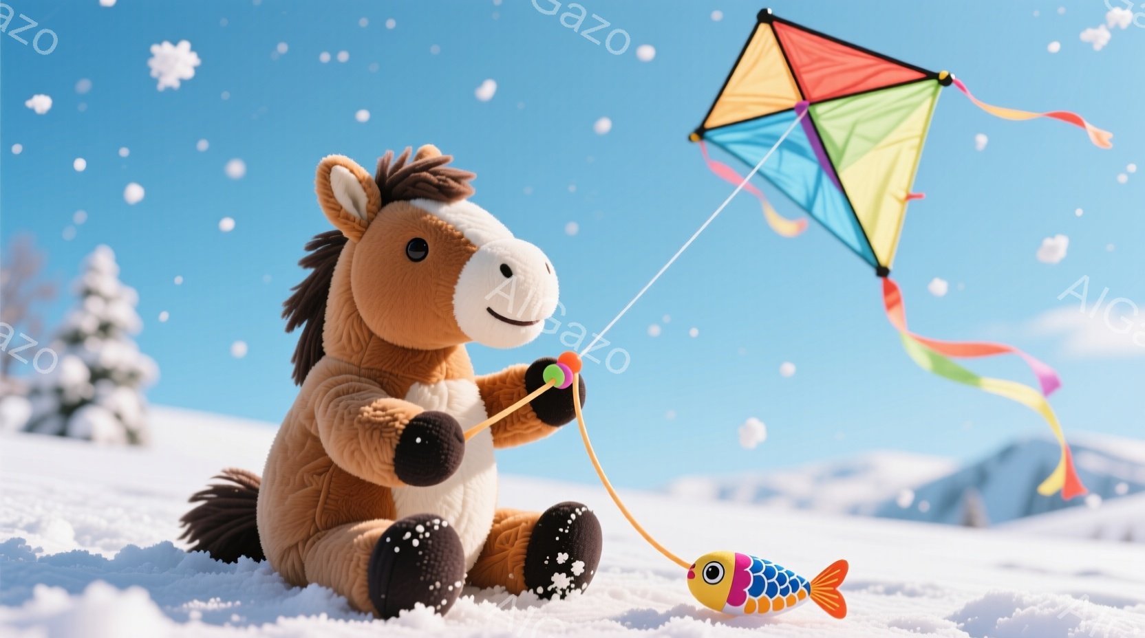 ふわふわの茶色のぬいぐるみ馬が雪景色の中で凧揚げを楽しんでいます。馬は黒い蹄と、雪が付いた赤いリボンで結ばれたたてがみを持っています。背景には雪に覆われた山々と青空が広がり、雪が舞い散る冬の穏やかな雰囲気を醸し出しています。