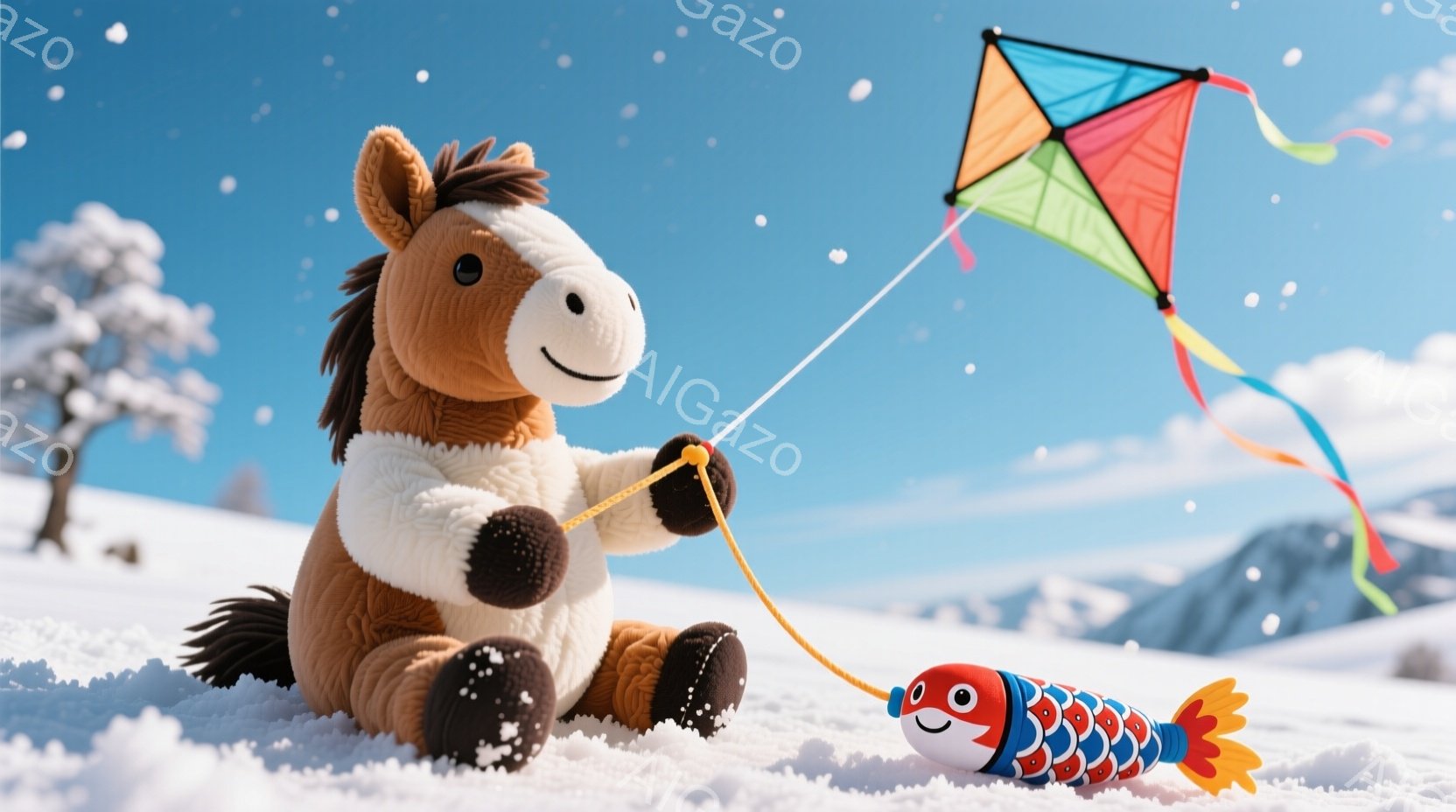 ふわふわの茶色の馬のぬいぐるみは、雪景色の中で凧揚げを楽しんでいます。白い毛並みの首元と黒い蹄が可愛らしく、凧と凧揚げ棒の先には、カラフルな魚の飾りが付いています。背景には雪をまとった山々と、うっすらと見える木々があり、冬の穏やかな雰囲気が漂っています。