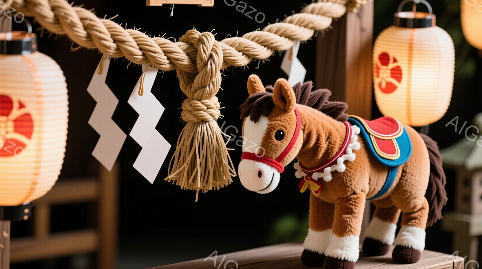 藁でできた大きな注連縄が背景にあり、白い紙の飾り（紙垂）が下がっています。茶色の毛並みの可愛らしいぬいぐるみの馬が、赤い鞍と飾り紐をつけて立っており、優しい表情をしています。全体的に落ち着いた照明と背景から、お祭りや神社の雰囲気が感じられます。