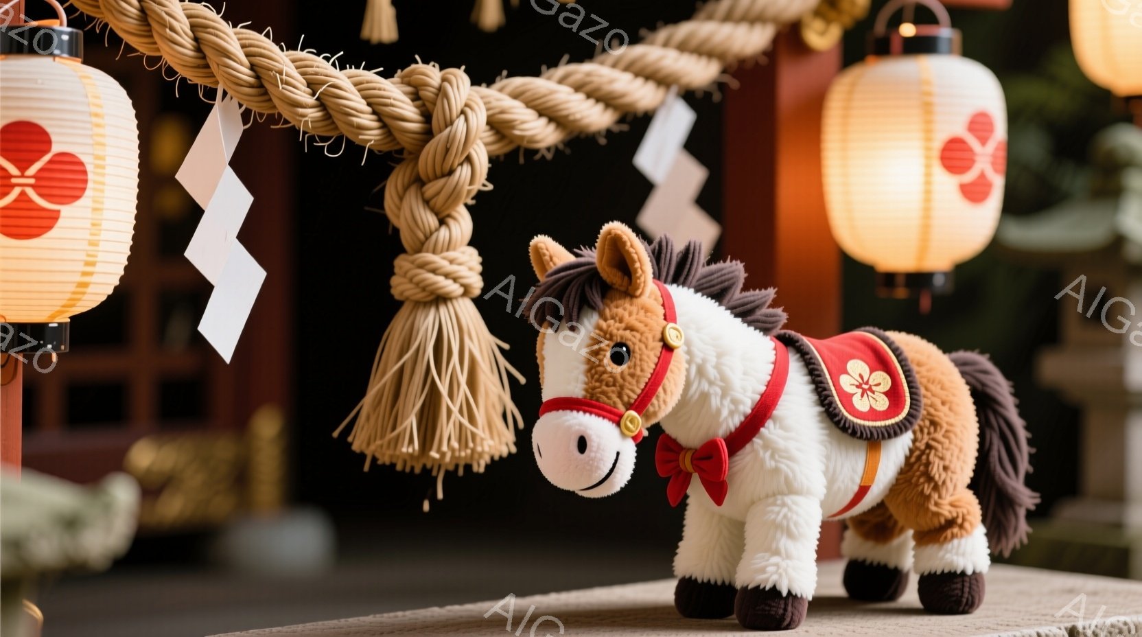 茶色と白の毛並みを持つ愛らしいぬいぐるみ馬が写っています。馬は赤い飾り紐と小さな茶色の蝶結びをつけており、穏やかな笑顔を浮かべています。背景には、提灯や飾り紐が飾られた神社の建物があり、厳かで落ち着いた雰囲気を醸し出しています。