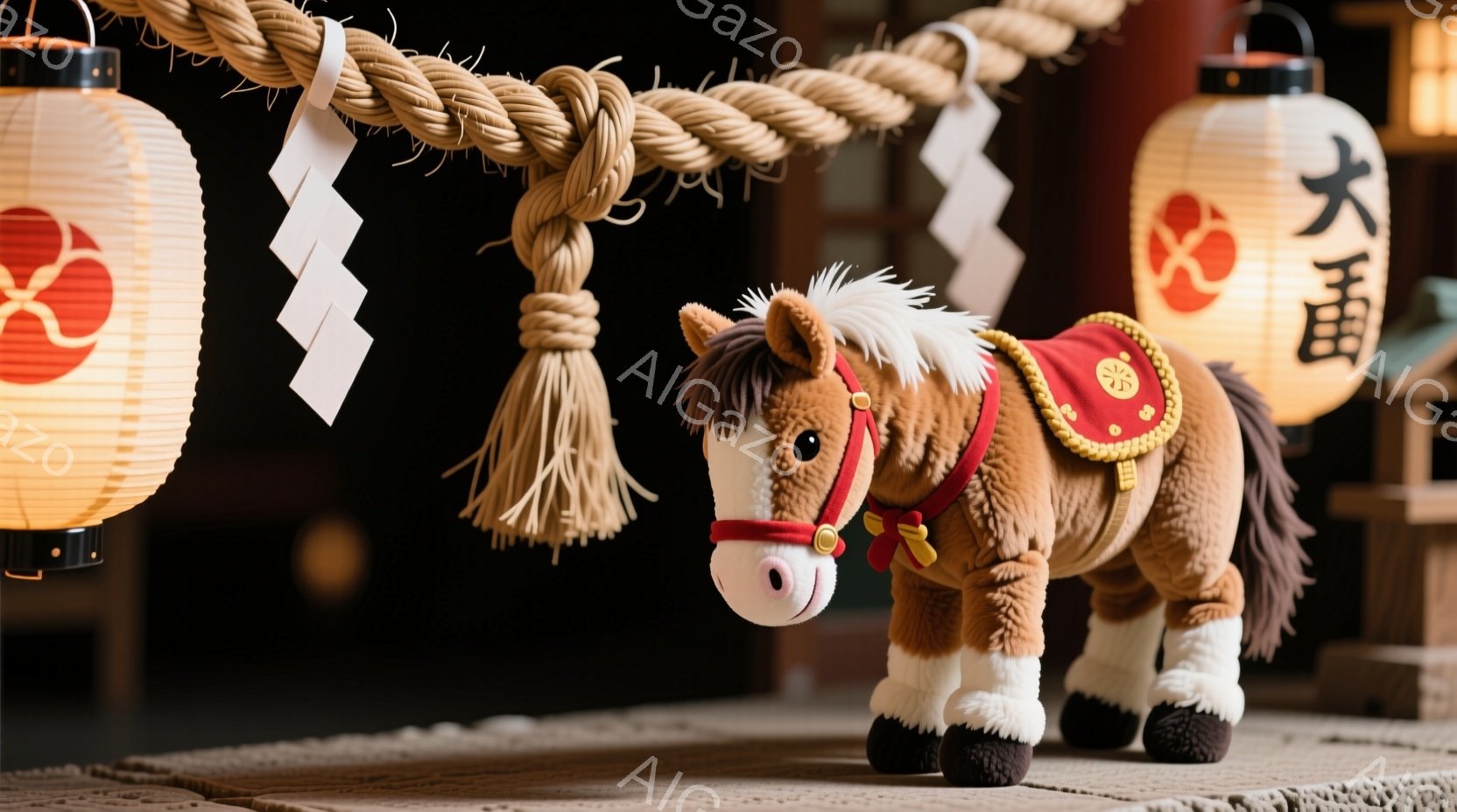 茶色いぬいぐるみのお馬が、畳の上に立っています。お馬は赤い飾り立ての鞍を背負い、正面を見ており、穏やかな表情をしています。背景には提灯が飾られ、伝統的な日本の雰囲気を醸し出しています。 - AI生成フリー素材