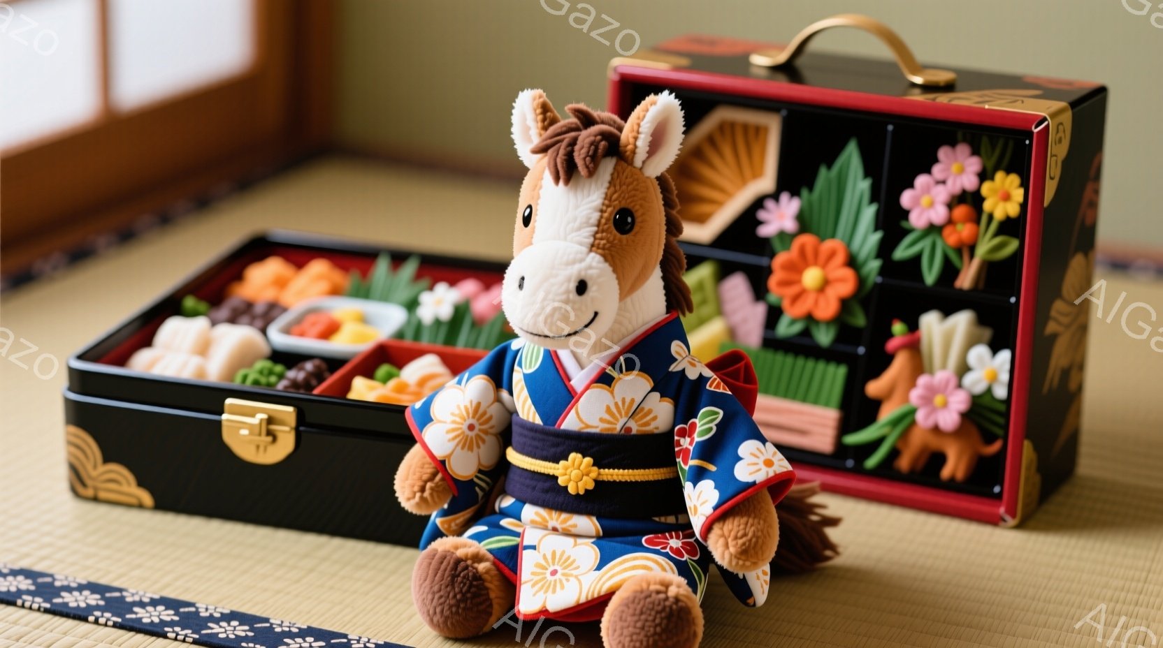 畳の上に、可愛らしい棕色の馬のぬいぐるみがお座りになっている。鮮やかな青地に牡丹の花模様の着物を着ており、金色の帯で締めている。背景には黒塗りの弁当箱が置かれ、中に色とりどりの料理が並べられ、日本の伝統的なお祝いの雰囲気が漂っている。