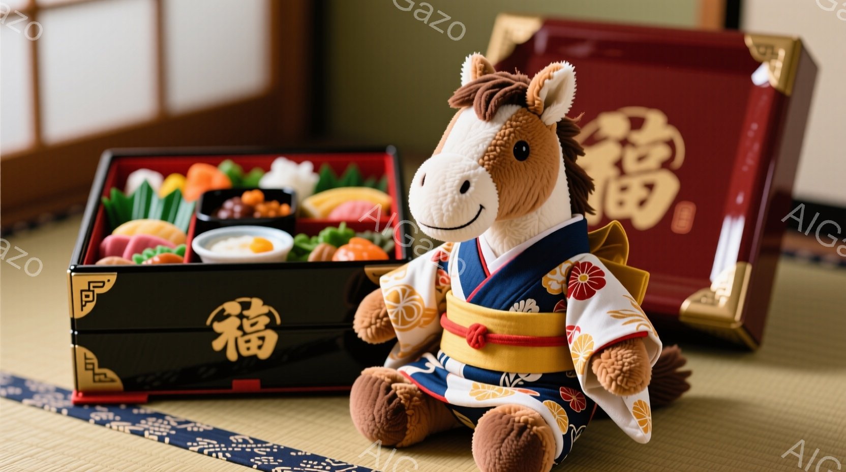 ぬいぐるみは、着物を着て畳の上に座っています。着物は白地にピンクと黄色の花柄で、黒の帯が締めてあります。背景には、赤い漆塗りの弁当箱が置かれ、日本の伝統的な雰囲気を醸し出しています。