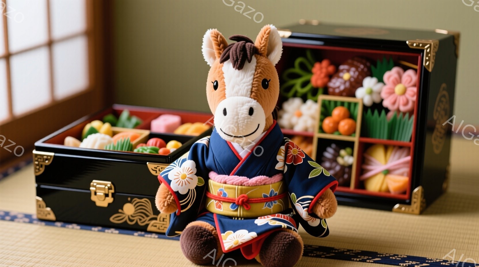 ぬいぐるみは、鮮やかな藍色の着物と赤い帯を身に着け、正面を向いて座っています。着物には白い花柄が描かれ、丸い耳と愛らしい表情が特徴です。背景には黒塗りの引出箪笥が置かれ、畳の床の上に配置されていること - AI生成フリー素材