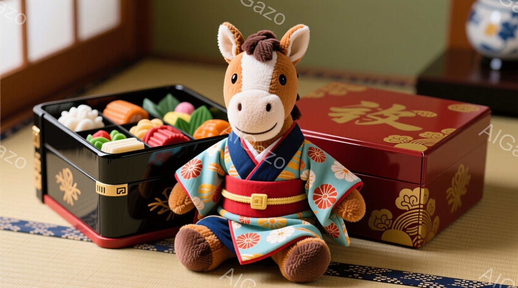 柔らかい茶色の馬のぬいぐるみは、水色の可愛らしい着物を着て、赤い帯で結ばれています。右隣には、様々な色のお菓子が並んだ黒いお重箱があり、その奥には金色の牡丹模様が描かれた赤い箱が見えます。畳の座布団の上に置かれたぬいぐるみは、落ち着いた和の雰囲気を醸し出しています。