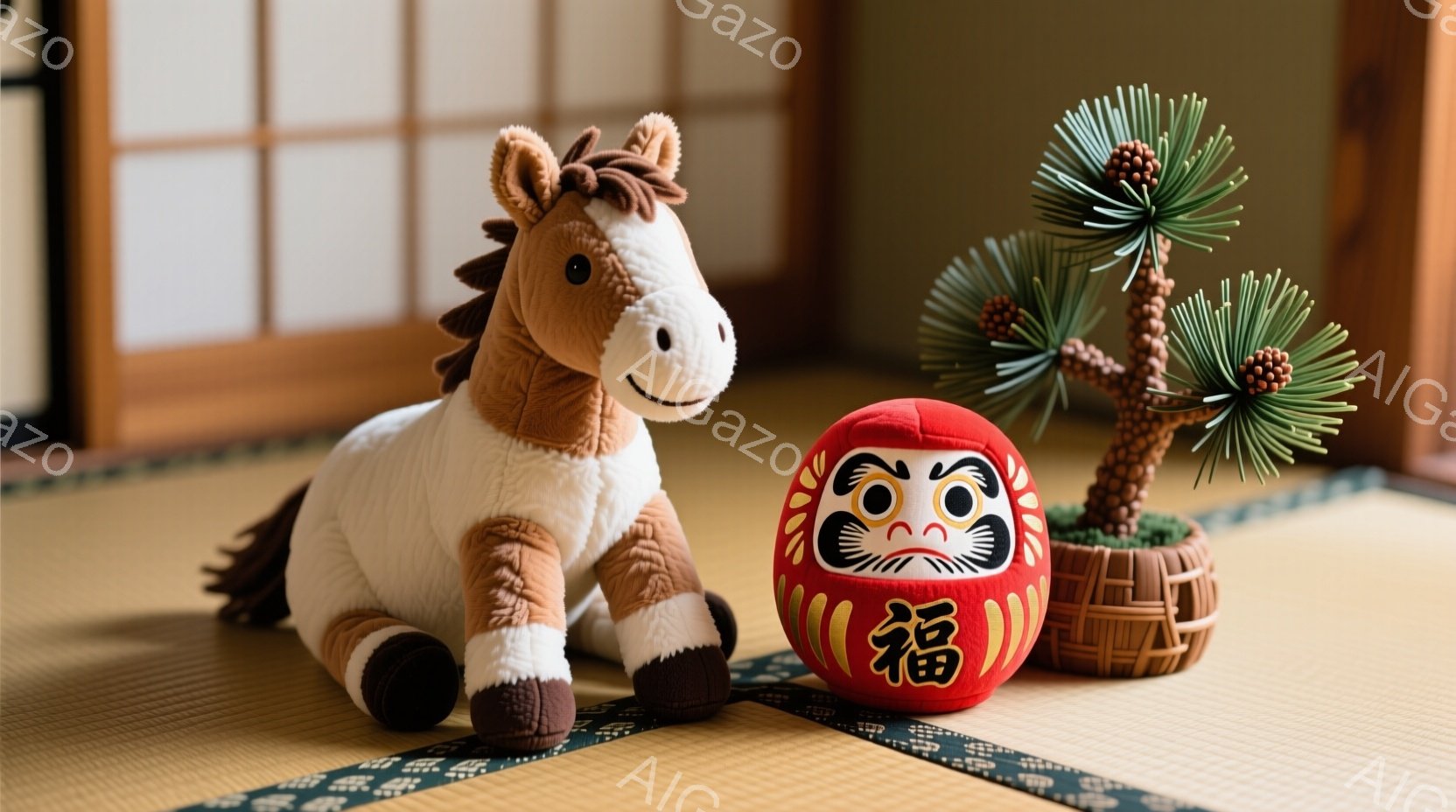 畳の上に、茶色と白の毛並みを持つぬいぐるみ馬と、赤い地に白い花模様の達磨人形が並んでいます。馬はリラックスした姿勢で座り、達磨人形は竹製の台座の上に置かれています。背景には木製の壁が見え、全体的に落ち - AI生成フリー素材
