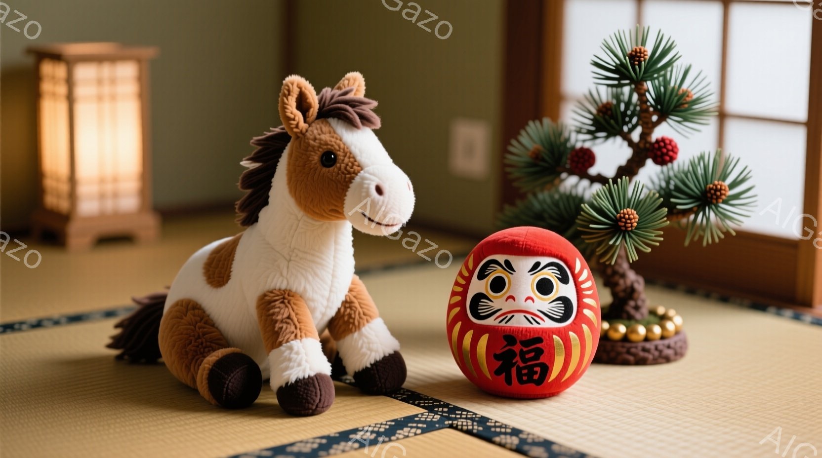 畳の上に、白と茶色の毛並みの可愛いぬいぐるみ馬と、赤い地に「福」と書かれたダルマが置かれています。背景には、日本の伝統的な部屋の一部が見え、木製の家具と、松の盆栽が飾られています。全体的に、新年の幸せ - AI生成フリー素材