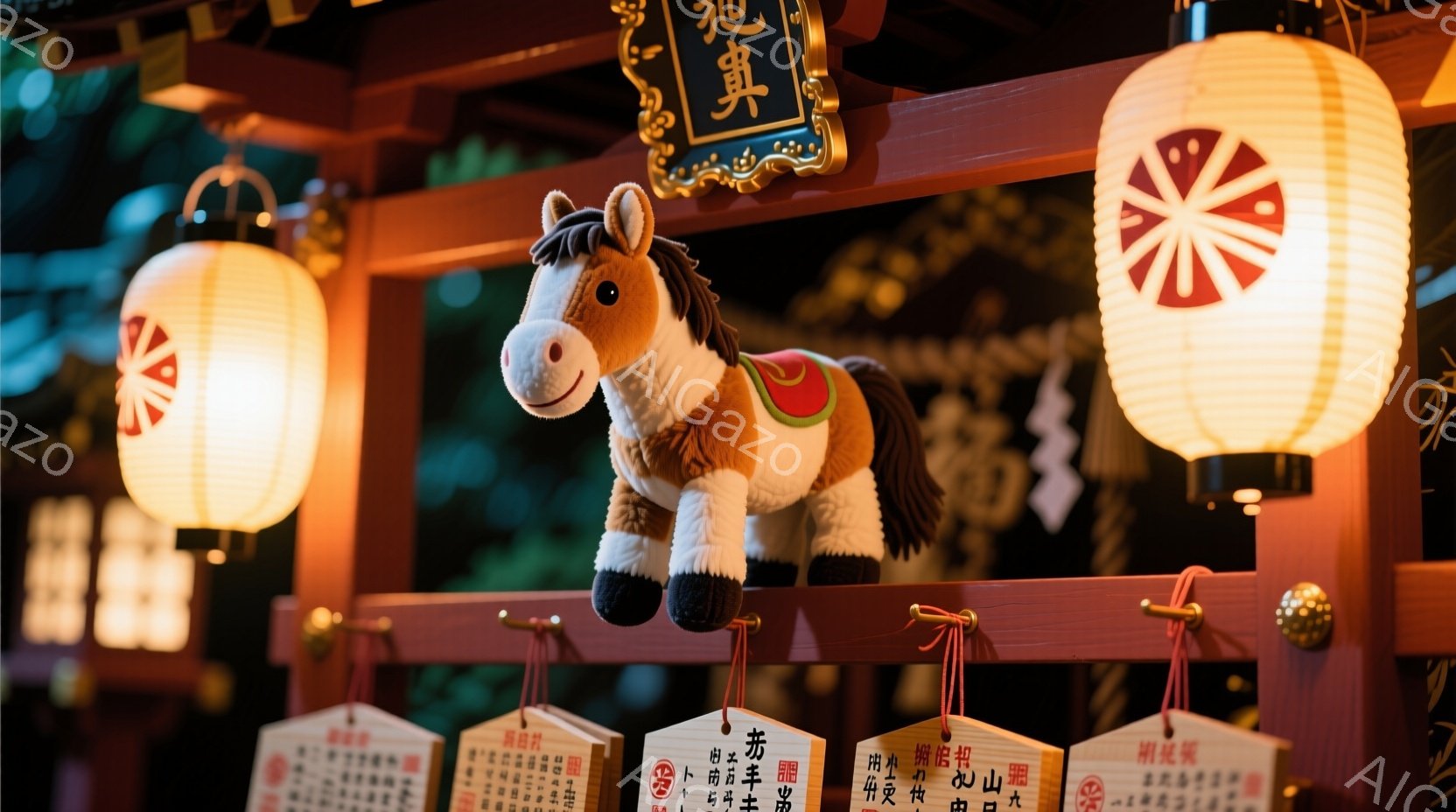 提灯が灯された屋台の一部が写っています。可愛らしい茶色の馬のぬいぐるみは、壁に掛けられた小さな札の前に置かれ、どこか懐かしい雰囲気を醸し出しています。背景には、ぼやけた木製の構造物や緑が見え、夜の祭り - AI生成フリー素材