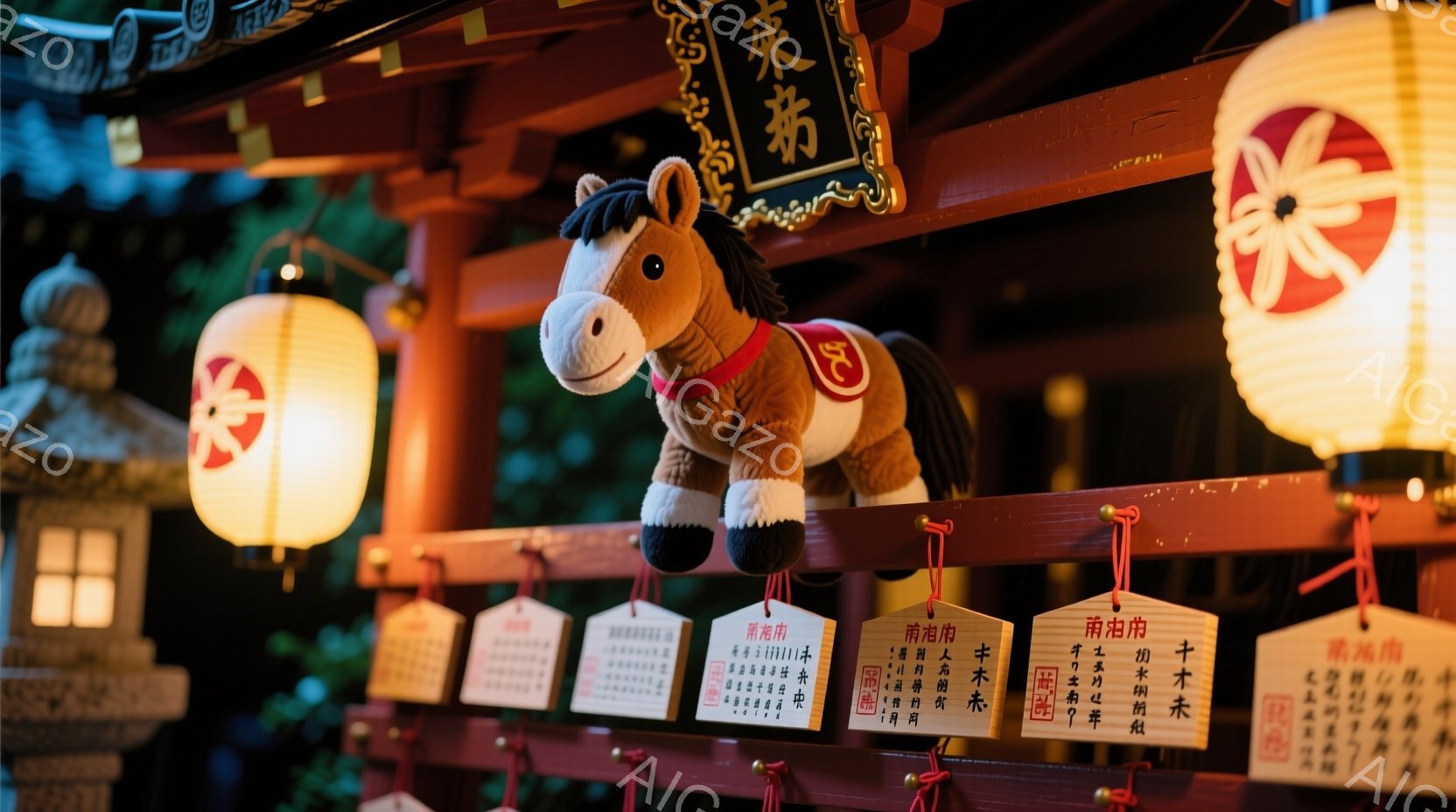 提灯と古い木造建築が並ぶ、日本の伝統的な祭りの風景が写っています。可愛らしい茶色の馬のぬいぐるみが提灯の下に吊るされており、赤いリボンが結ばれています。背景には、文字が書かれた看板や緑豊かな植物が見ら - AI生成フリー素材