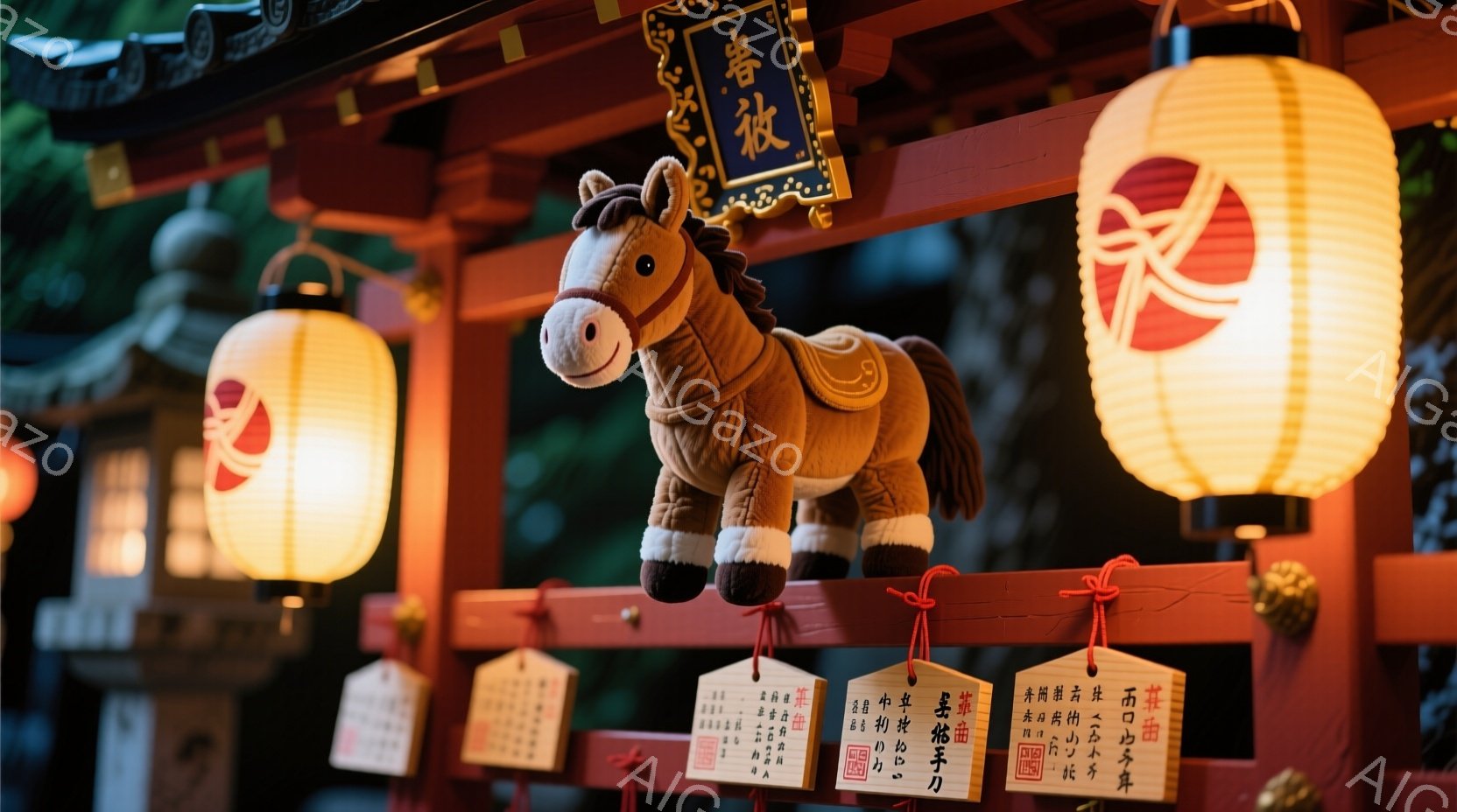 赤い提灯と木造の建造物が背景にあり、その棚の上に毛むくじゃらの茶色の馬のぬいぐるみがお座りになっています。馬は赤い鞍と金色の装飾が施されたハーネスを身につけ、穏やかな表情をしています。全体的に、日本の - AI生成フリー素材