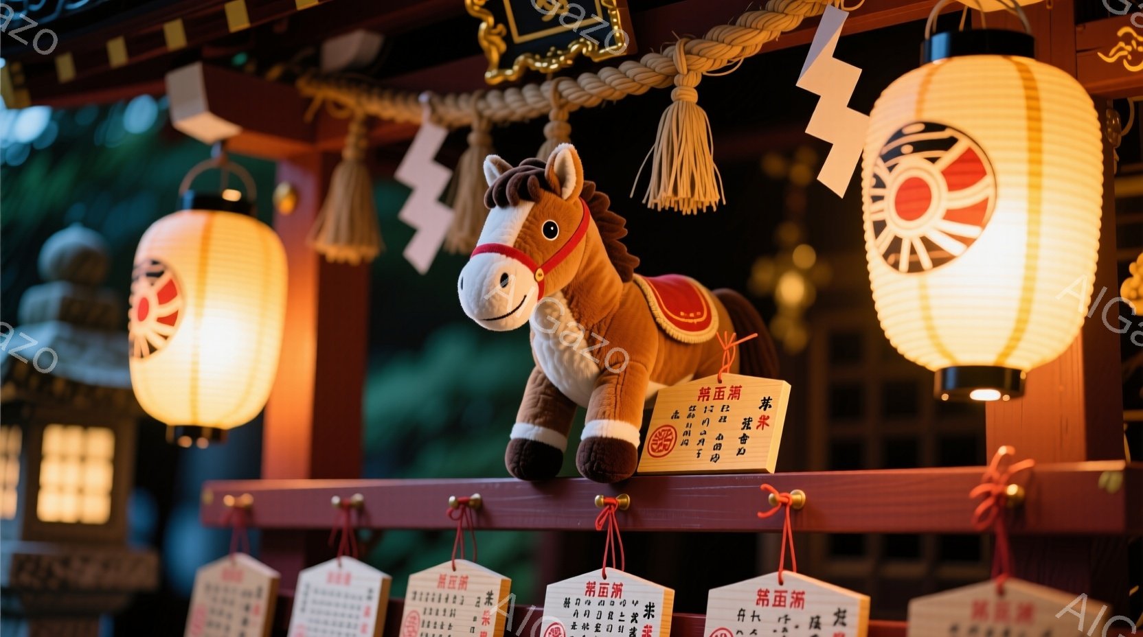 鮮やかな赤色の提灯が並び、その間に可愛らしい棕色の馬のぬいぐるみがあります。ぬいぐるみは赤い鞍を背負っており、表情は穏やかで親しみやすいです。背景には木製の構造物と、小さく書かれたお守りや絵馬が並び、神社の落ち着いた雰囲気が伝わってきます。