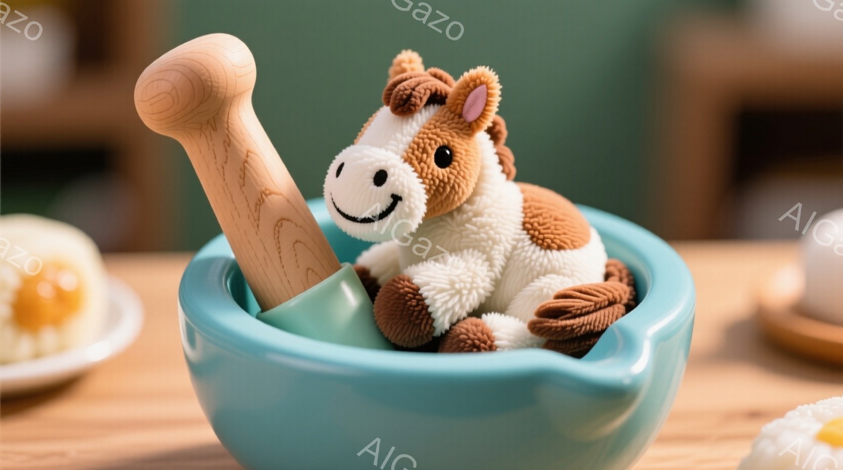 明るい青色の丸いボウルの中に、ふわふわの茶色と白のぬいぐるみ馬が座っています。馬は微笑んでおり、ボウルの中にぴったりと収まっています。背景には木製のテーブルと、何かの料理が少しだけ見えて、温かく、遊び - AI生成フリー素材