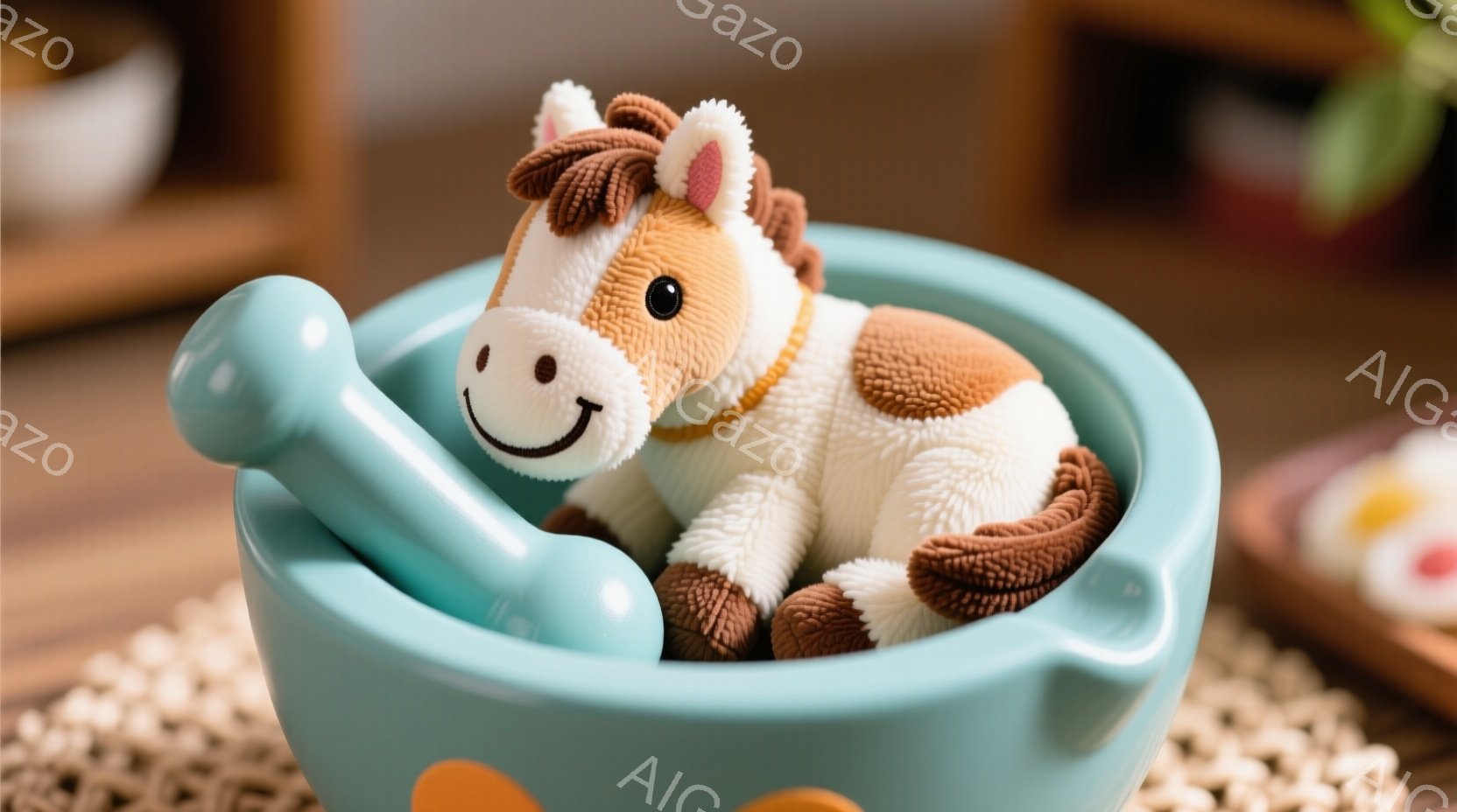 明るい水色のボウルの中に、ふわふわの茶色と白の馬のぬいぐるみが入っています。ぬいぐるみはリラックスした姿勢で、優しげな表情をしています。背景には、木製のテーブルと、ぼやけた植物が見え、全体的に暖かく穏 - AI生成フリー素材