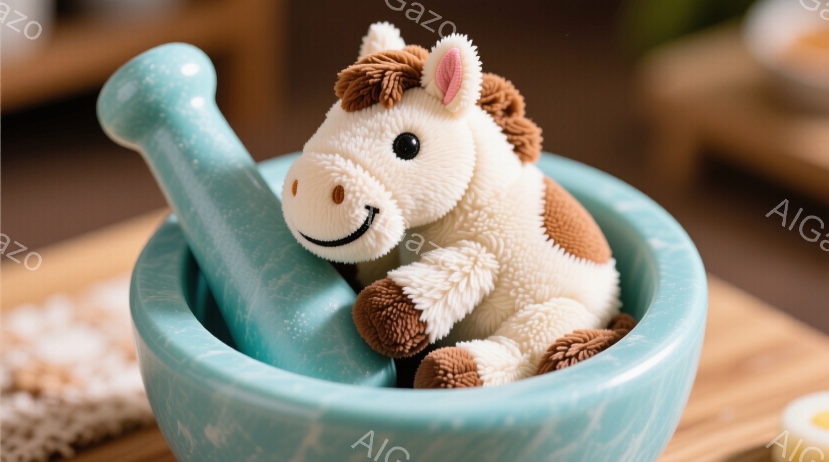 ターコイズブルーの乳鉢の中に、ふわふわのクリーム色の仔馬のぬいぐるみが座っています。仔馬は茶色のたてがみと、笑顔の表情をしています。背景には木製のテーブルと、ぼやけた他の道具が見え、温かく穏やかな雰囲 - AI生成フリー素材