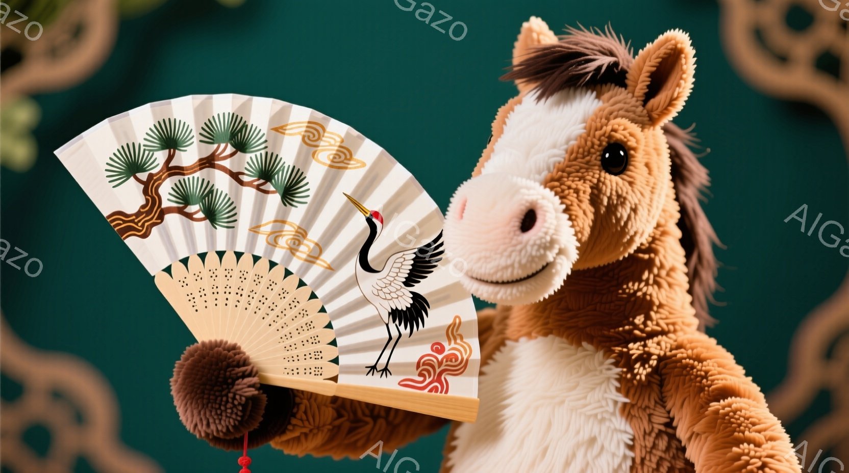 ぬいぐるみでできた茶色の馬が、片手に装飾された扇子を持っています。扇子には、鶴と松の絵が描かれており、扇子の柄は細かく美しいです。背景は濃い緑色で、金色の模様が施されており、上品で落ち着いた雰囲気を醸 - AI生成フリー素材
