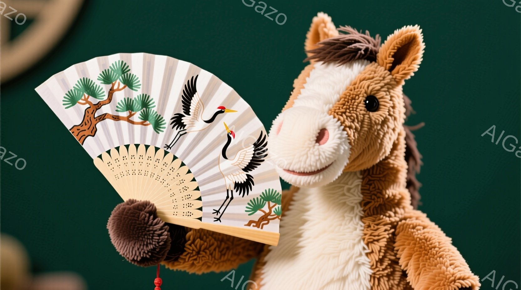 茶色のふわふわしたぬいぐるみ馬が、片手に広げた扇子を持っています。扇子には鶴と松の絵が描かれており、赤色の紐が結び付けられています。背景は濃い緑色で、ぬいぐるみ馬は穏やかで優しい雰囲気を醸し出していま - AI生成フリー素材