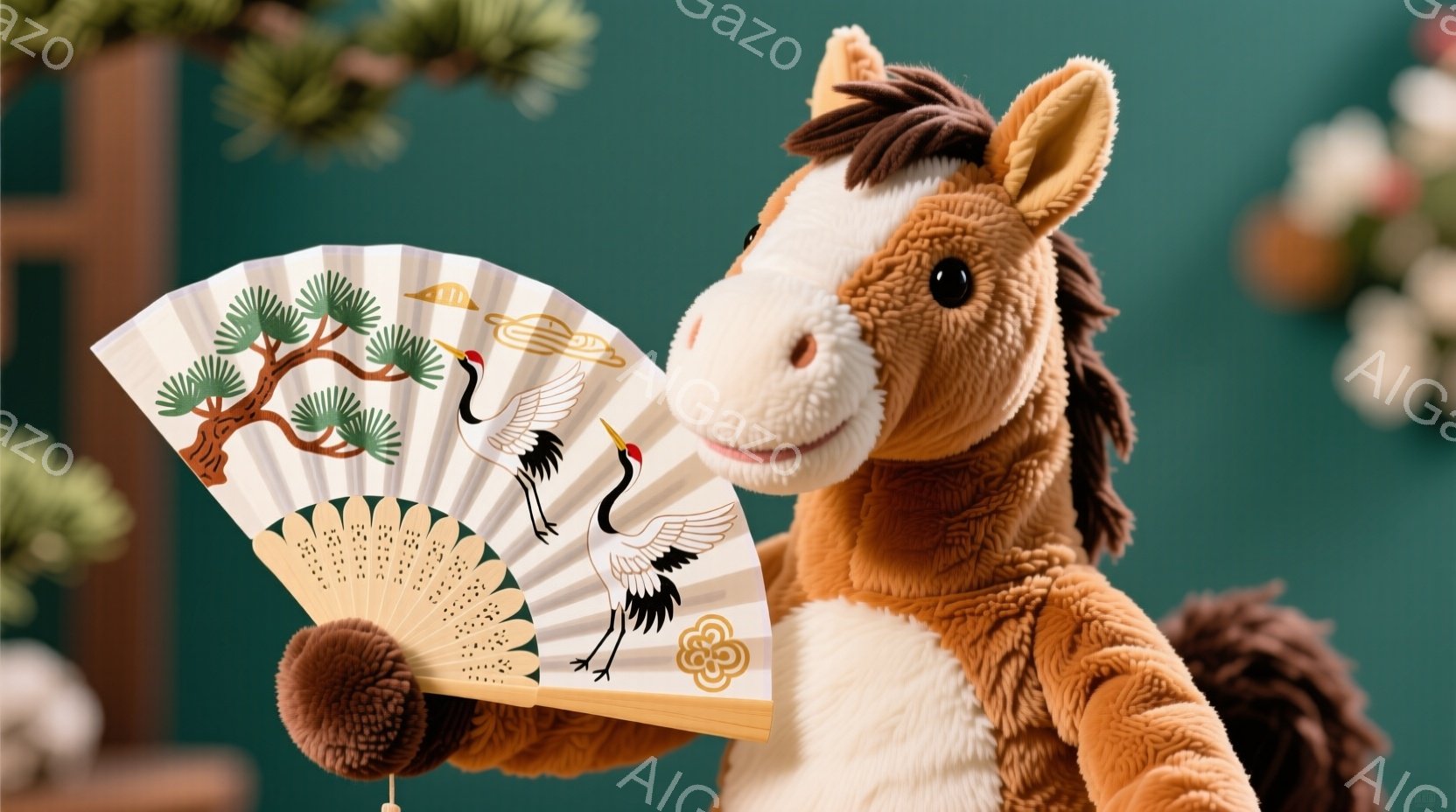 柔らかい茶色のぬいぐるみ馬が、柄付き扇子を持っています。扇子には、鶴と金色の模様が描かれており、背景は深い緑色で、植物がわずかに見えます。全体的に温かく、穏やかな雰囲気です。 - AI生成フリー素材