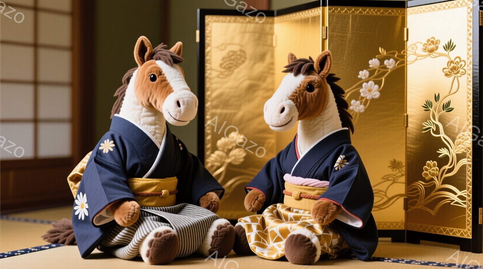二匹のぬいぐるみ馬が畳の上に座っており、それぞれ濃い青色の着物と金色の帯を身に着けています。着物には白い花模様が描かれており、優雅な雰囲気を醸し出しています。背景には金色の花が描かれた黒塗りの屏風があり、日本の伝統的な美しさを感じさせます。