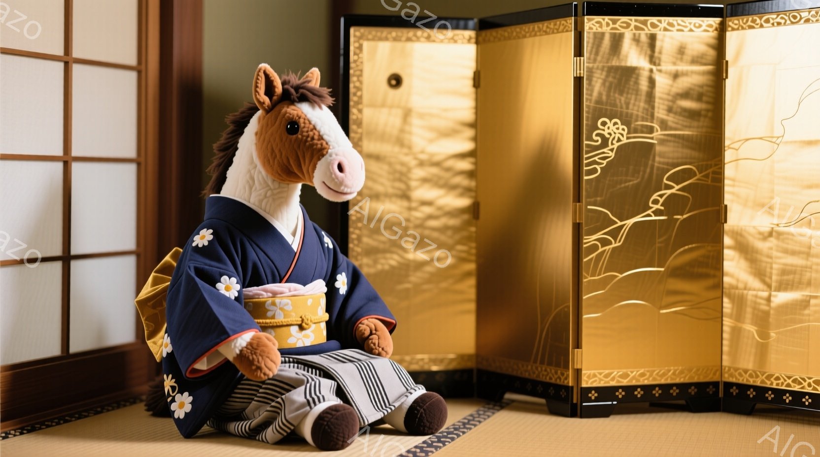 ぬいぐるみのお馬が、濃紺色の着物と白い花柄の帯を身につけて畳の上に座っています。お馬は穏やかな表情で、少し前を見つめており、背景には金色の模様が描かれた引き戸と屏風があります。全体的に落ち着いた雰囲気 - AI生成フリー素材