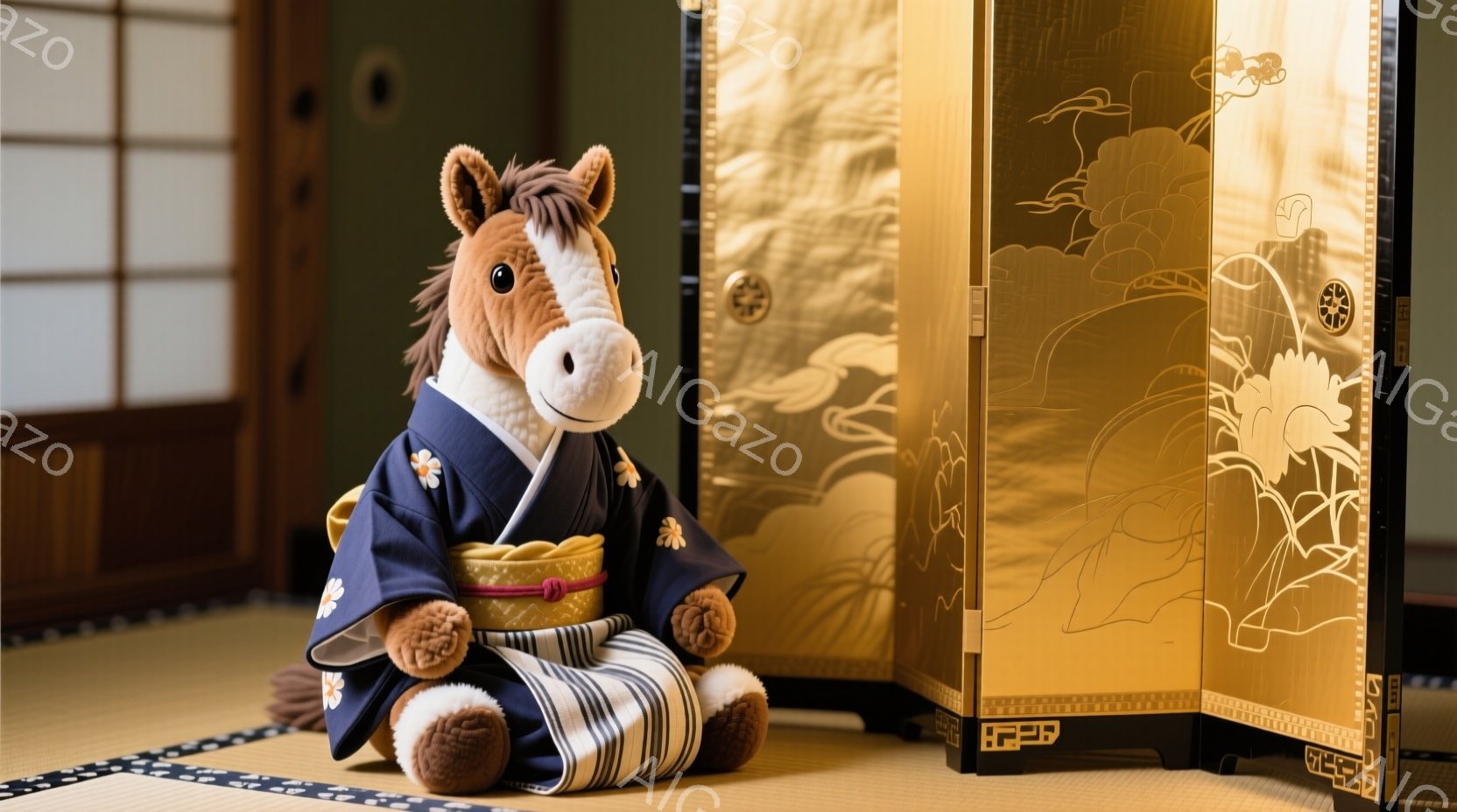 ぬいぐるみは、茶色と白の馬で、鮮やかな藍色の着物と金色の帯を身につけて座っています。顔は穏やかで、少し微笑んでいるように見え、可愛らしい印象を与えます。背景には金色の牡丹が描かれた屏風と畳の部屋があり、伝統的な日本家屋の落ち着いた雰囲気を醸し出しています。