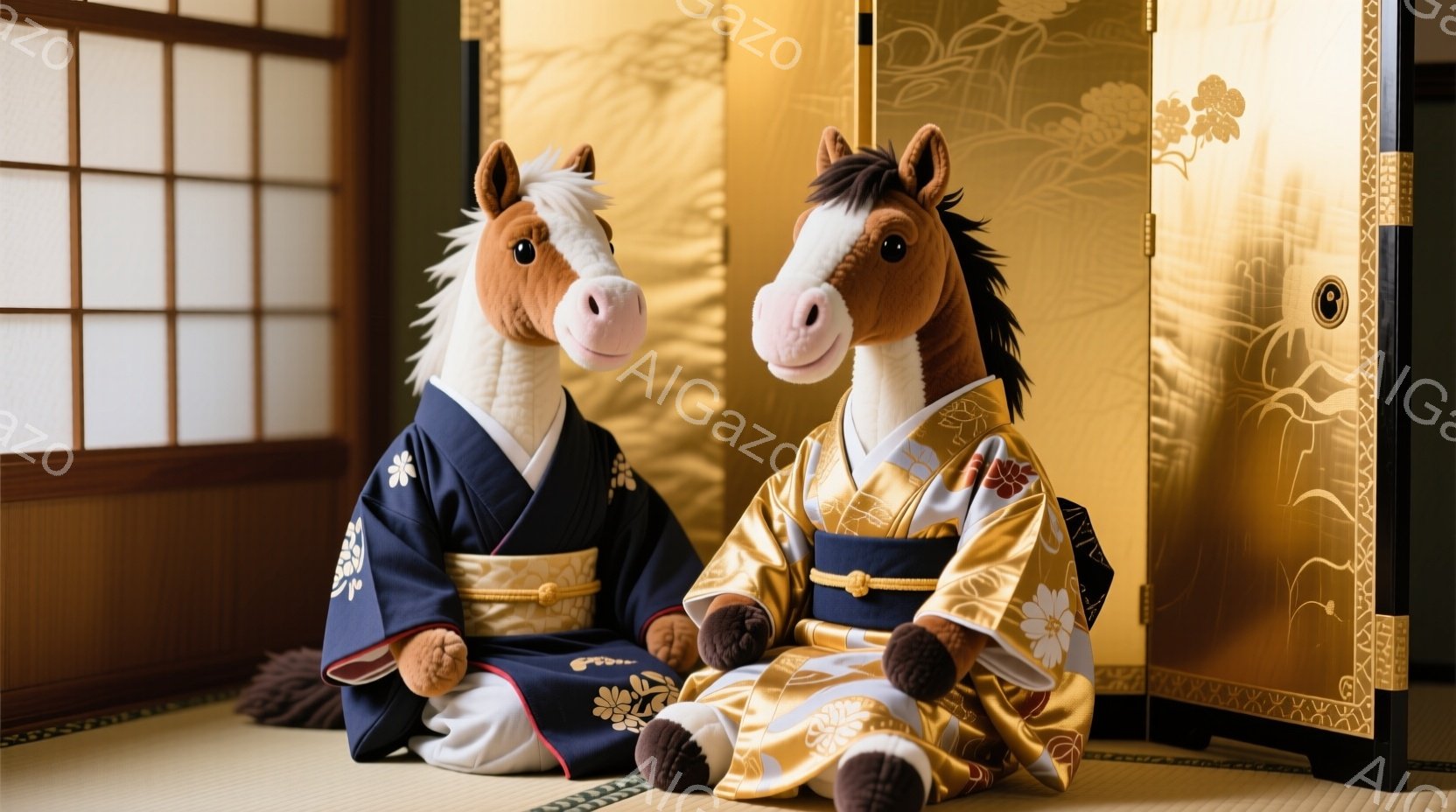 ぬいぐるみの馬が二匹、畳の上に座っています。一匹は濃い藍色の着物で、もう一匹は金色の着物を着ています。背景には金箔の屏風があり、落ち着いた和の雰囲気を醸し出しています。 - AI生成フリー素材