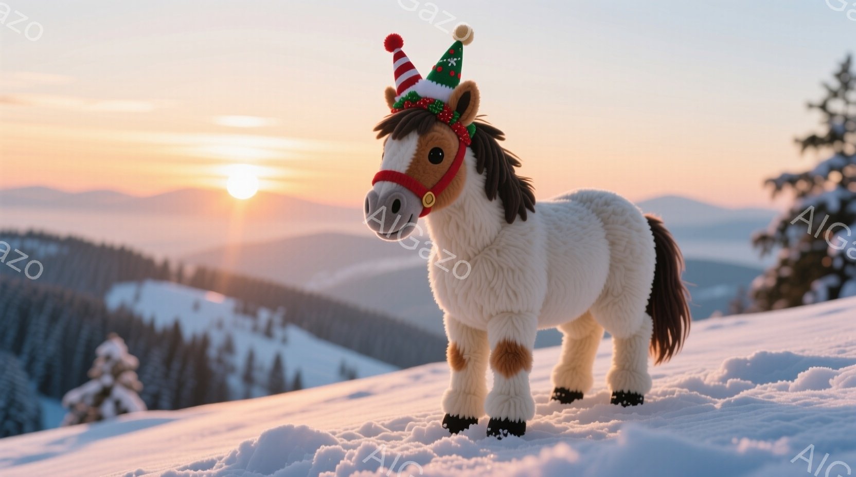 白い毛並みの小さな馬が雪景色の中に立っている。頭にはクリスマスツリー型の帽子をかぶり、穏やかな表情で正面を見ている。背景には雪をまとった山々が連なり、夕焼けが空をオレンジ色とピンク色に染め上げ、静かで - AI生成フリー素材