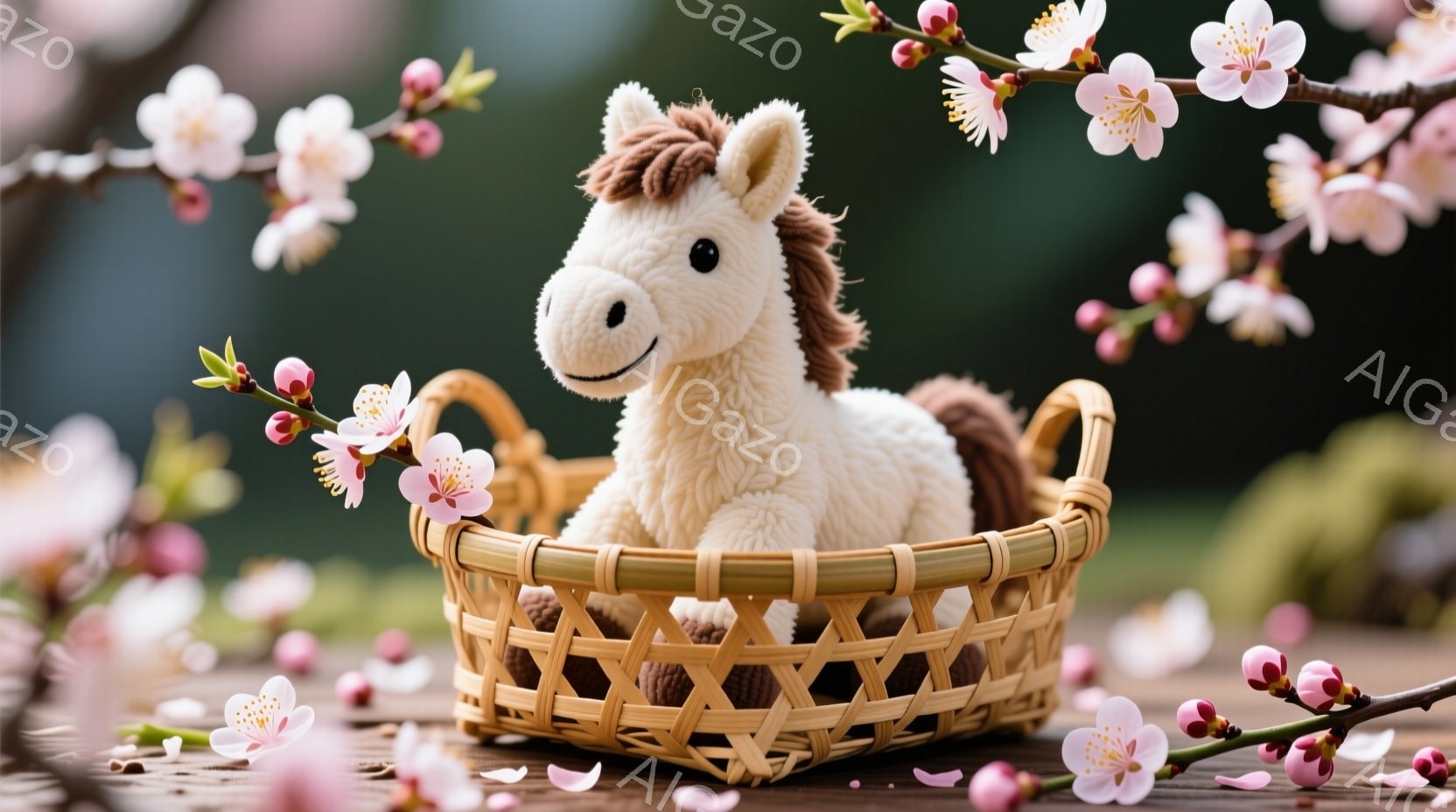 白いふわふわの馬のぬいぐるみがおしゃれな籐のバスケットの中に座っています。背景には、ピンク色の桜の花が咲き乱れ、地面には花びらが散りばめられています。春の暖かさと優しさを感じる、穏やかで可愛らしい雰囲 - AI生成フリー素材