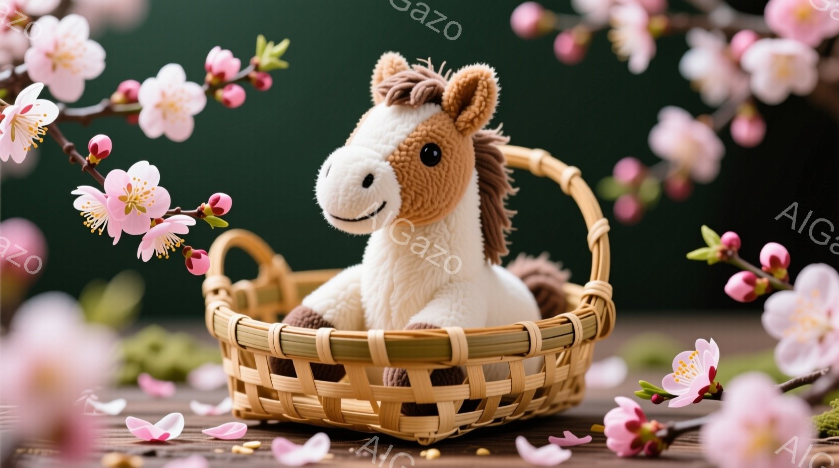 ぬいぐるみのおもちゃの馬が、籐のバスケットの中に座っています。馬は白と茶色の毛並みで、優しい表情をしています。背景には桜の花が咲き乱れ、地面には花びらが散りばめられており、春の穏やかな雰囲気が漂ってい - AI生成フリー素材