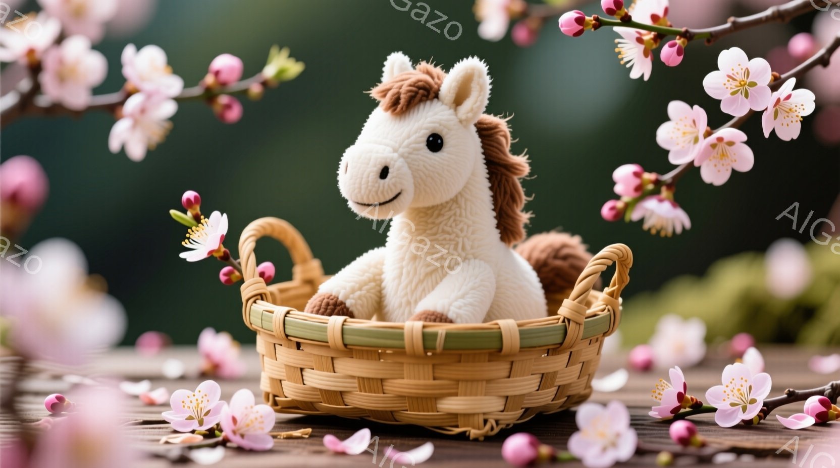 白いふわふわの馬のぬいぐるみは、緑色の縁取りのある籐の籠の中に座っています。背景には、ピンク色の桜の花びらが散りばめられ、ぼやけた桜の枝が春の暖かさを感じさせます。全体的に、柔らかく、可愛らしい、春らしい雰囲気が漂っています。