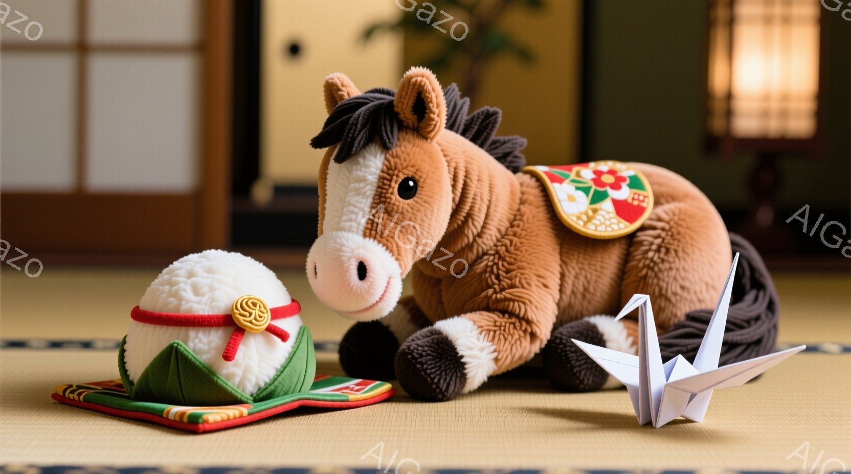 畳の上に、可愛らしいおにぎりが緑色の飾り台に乗って置かれ、そばには茶色のぬいぐるみ馬が横たわっています。馬は赤い装飾が施された鞍を背中に乗せ、優雅な姿勢でリラックスしているようです。背景には和風の障子と、折り紙の鶴が置かれ、穏やかで温かい雰囲気を醸し出しています。