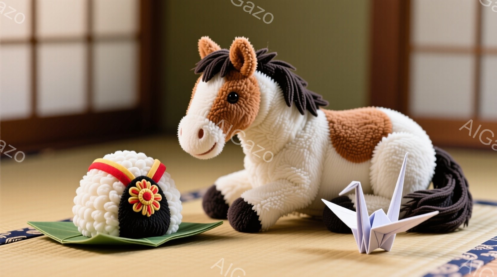 畳の上に、毛むくじゃらの白い馬のおもちゃと、巻き寿司の形をしたおもちゃが並んでいます。馬のおもちゃは、茶色のたてがみと尾を持ち、穏やかな表情をしています。背景には、伝統的な障子と青い模様の敷物が写って - AI生成フリー素材