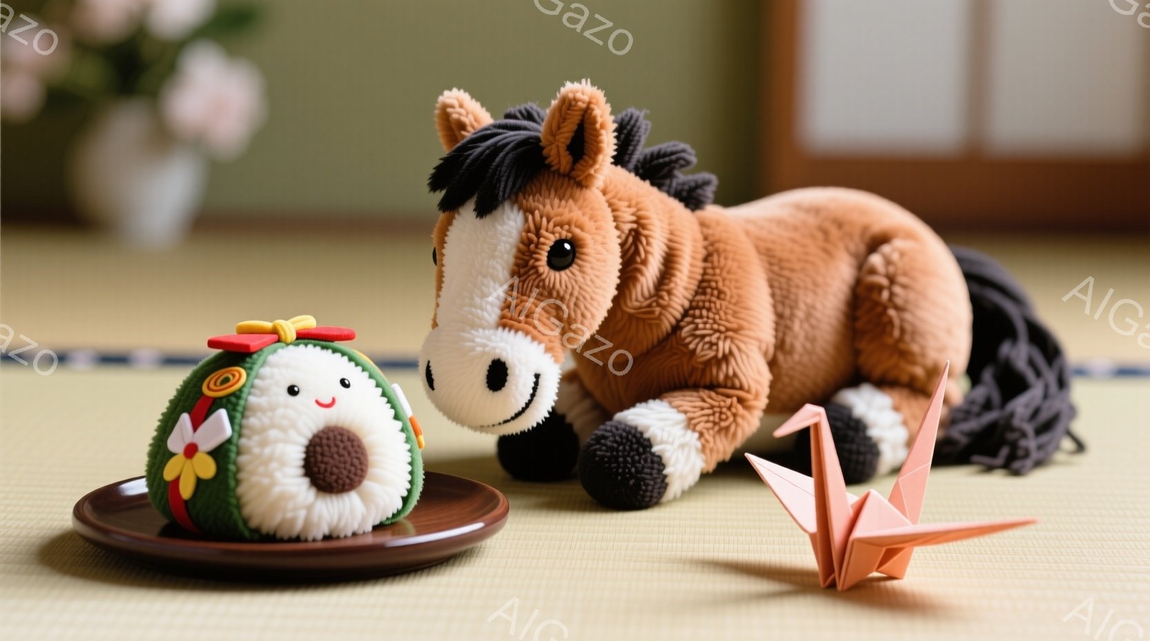 畳の上に、かわいらしいぬいぐるみと折り紙の鶴が置かれています。緑色の胴体に赤い頭巾を被ったダルマのようなぬいぐるみは、お皿に乗って微笑んでいます。背景には引き戸と花瓶が見え、落ち着いた和の雰囲気が漂っ - AI生成フリー素材