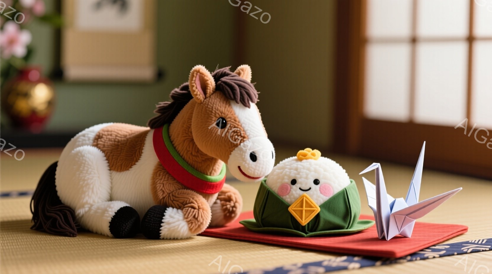 畳の上に、茶色と白の馬のぬいぐるみと、お餅のような顔をした可愛らしい人形が並んでいる。馬は赤いリボンを首に巻き、人形は緑色の布で包まれている。背景には折り紙の鶴と、菊の花が飾られた金色の壺が見え、落ち - AI生成フリー素材