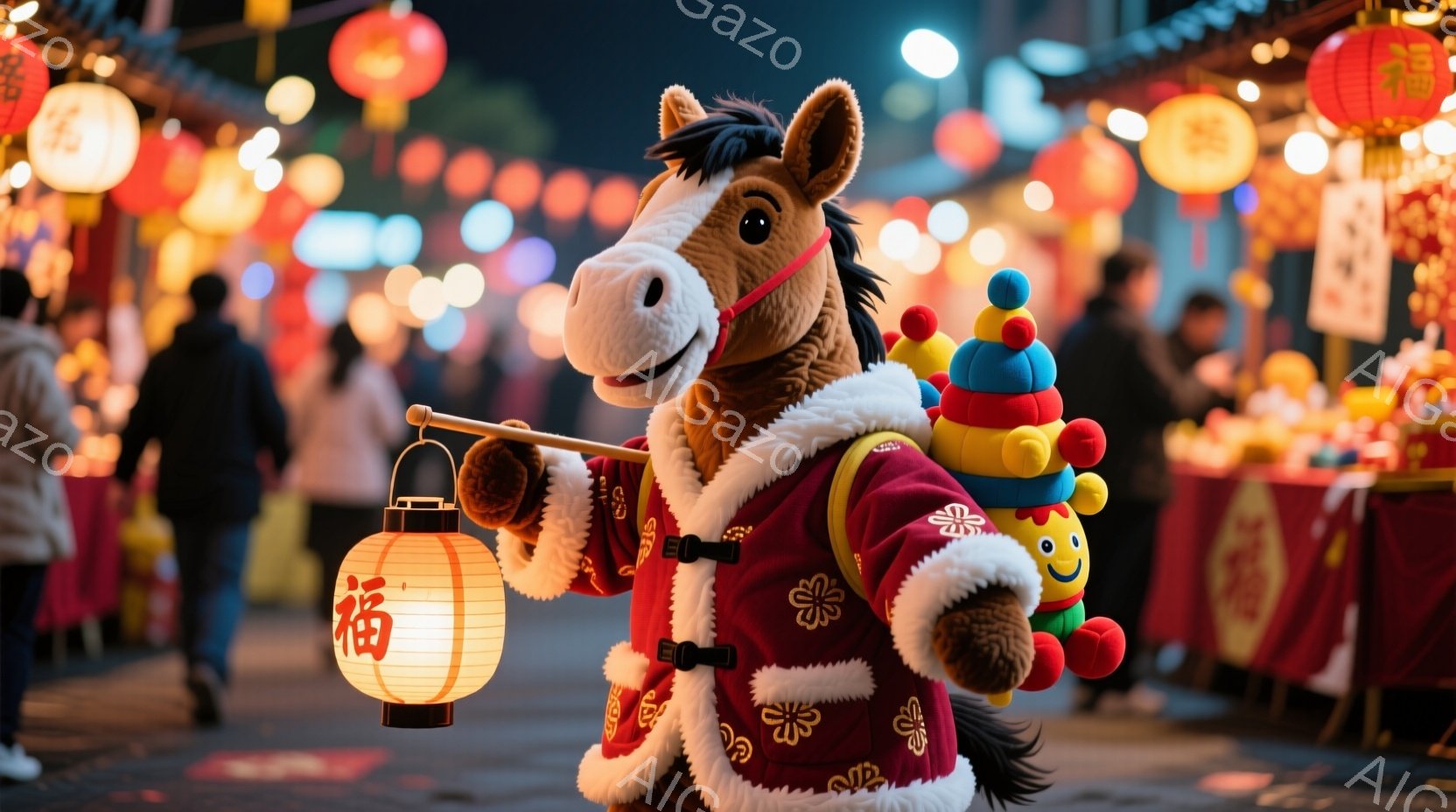 大きな馬の着ぐるみが、赤い衣装に金色の刺繍が施され、肩にはカラフルな人形が乗っています。馬は提灯を手に持ち、嬉しそうな表情で前を見据えています。背景には提灯が灯り、賑やかな夜の屋台の様子がぼやけて見え、お祭りの活気を感じさせます。