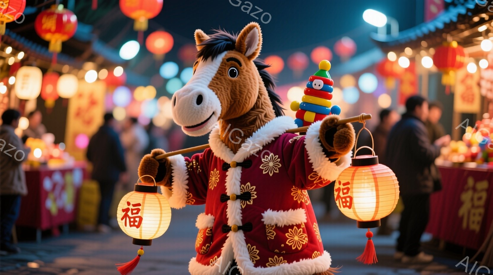 赤い衣装を着た馬の着ぐるみが、両手に提灯を持って立っています。提灯には「福」という漢字が書かれており、頭の上にはカラフルな積み木が飾られています。背景には、提灯が飾られた賑やかな夜の市場の様子がぼやけ - AI生成フリー素材