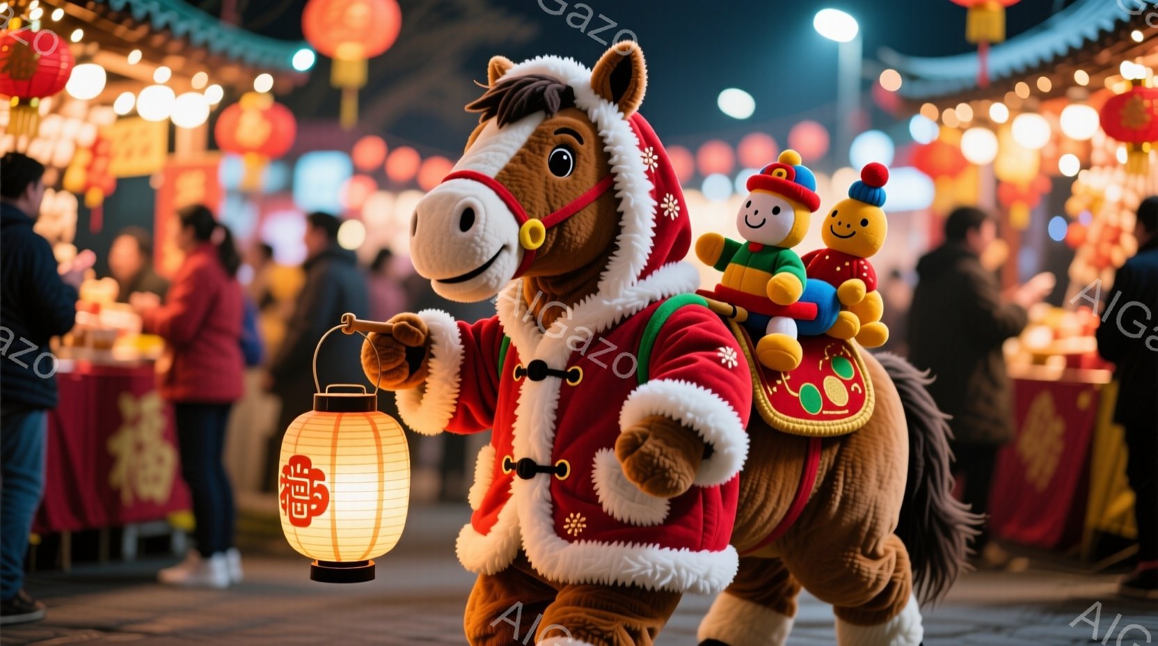 茶色の馬の着ぐるみを着た人物が、赤い縁取りの白い衣装を身に着け、赤い提灯を手に持っています。背中には、小さな人形を乗せたサドルバッグが付いており、楽しげな雰囲気を醸し出しています。背景には、多くの提灯 - AI生成フリー素材