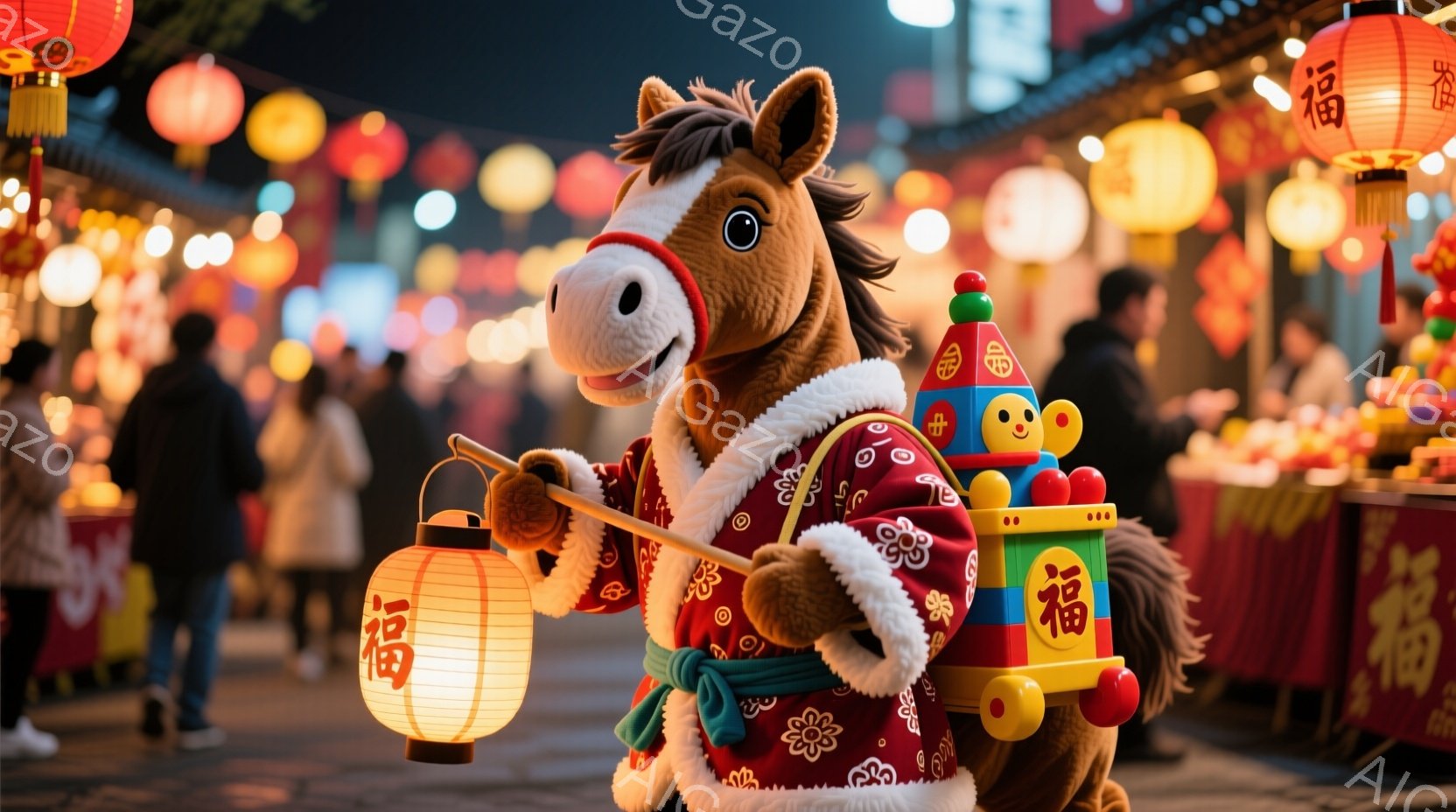 着物を着た大きな馬のキャラクターが描かれています。馬は赤い着物に緑色の帯を締め、右手に提灯を持ち、背中には積み木のような装飾が施されています。背景には、提灯が灯る賑やかな夜の市場の様子がぼんやりと見え - AI生成フリー素材