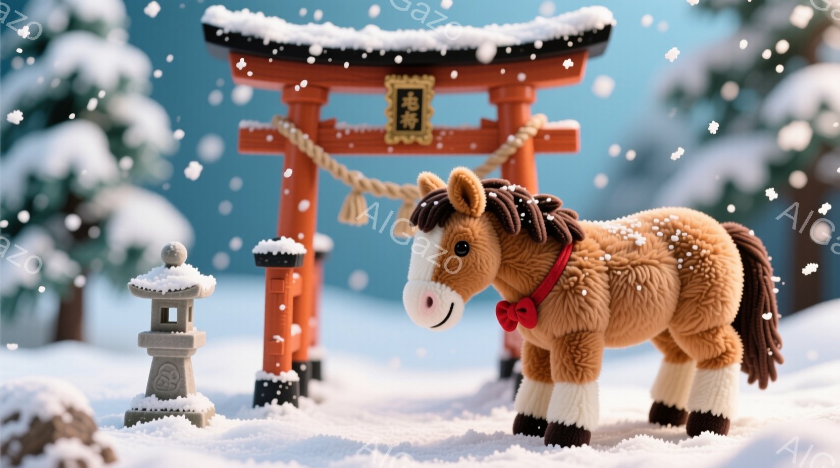 雪が舞う冬の風景の中に、ミニチュアの鳥居と石灯籠、そして茶色のぬいぐるみのような馬が立っている。馬は赤いリボンを首に結び、少し微笑んでいるように見え、雪の上に静かに立っている。背景には雪化粧した木々が - AI生成フリー素材
