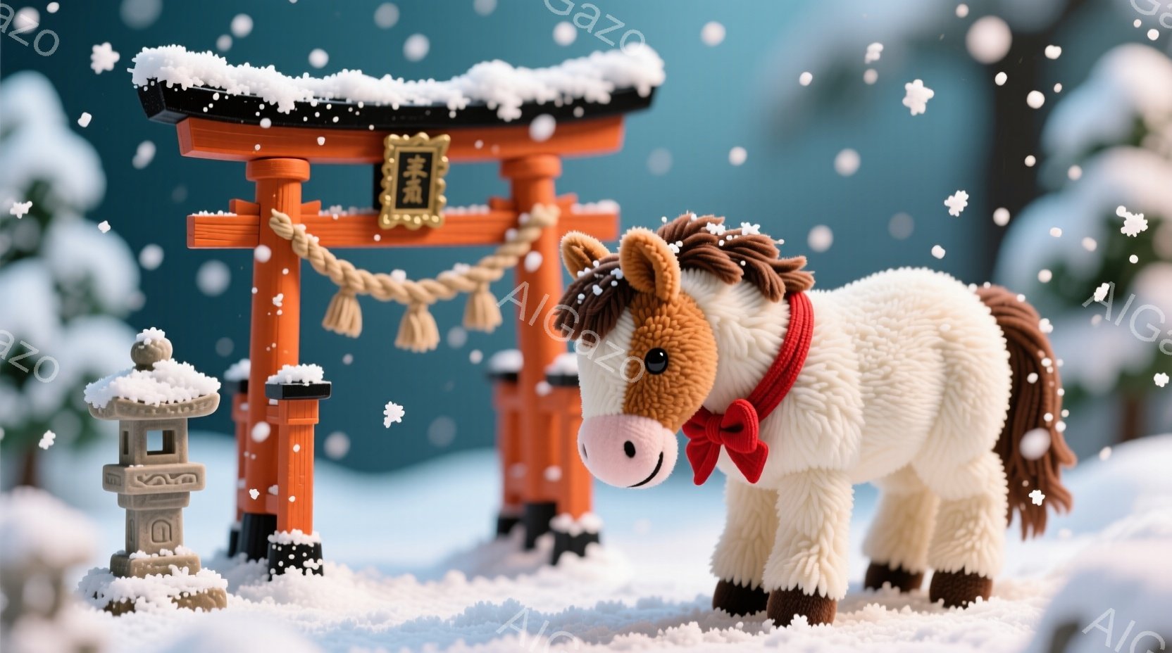 雪が降る冬の風景の中に、可愛らしい茶色の馬の人形が立っています。赤いリボンを首に巻き、穏やかな表情を浮かべています。背景には、雪で覆われた鳥居と石灯籠があり、日本の伝統的な冬の雰囲気を醸し出しています - AI生成フリー素材