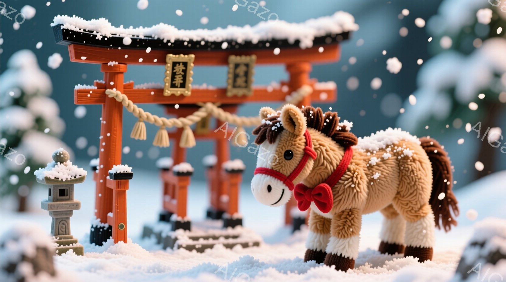 ぬいぐるみのような茶色の馬が、雪景色の中に立っています。赤いリボンを首に結び、少し微笑んだ表情をしています。背景には、雪を被った鳥居と石灯籠があり、全体的に暖かく、穏やかな冬の雰囲気を醸し出しています - AI生成フリー素材