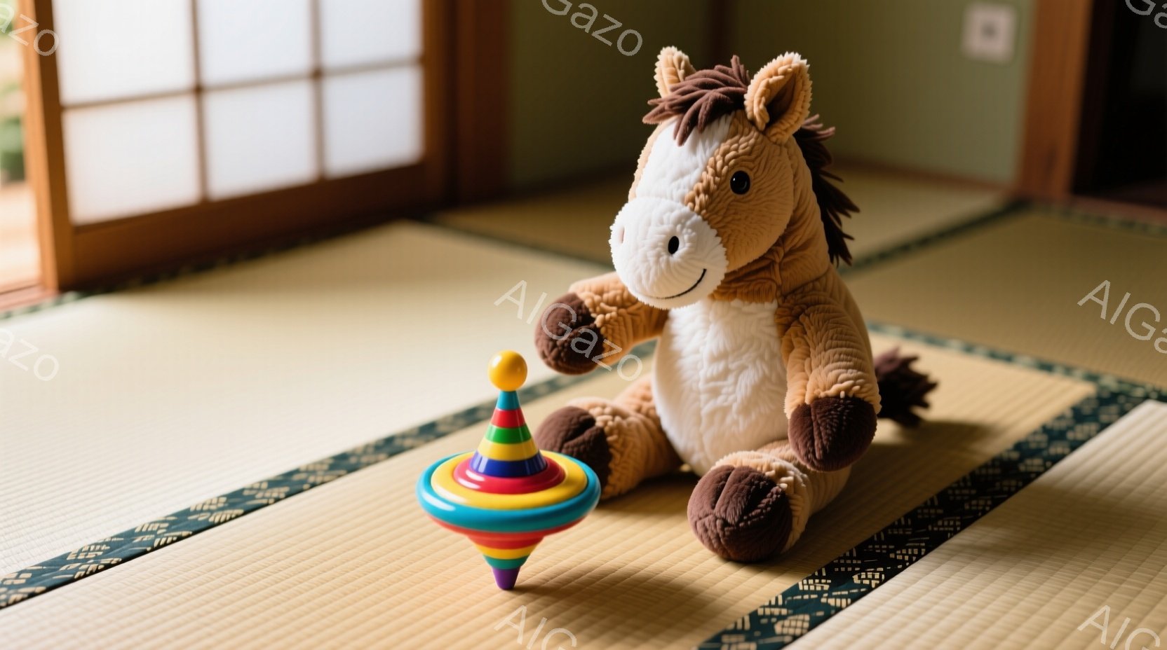 畳の上にふわふわの馬のぬいぐるみと回っているコマが置かれています。馬のぬいぐるみは茶色と白の毛並みで、穏やかな表情をしています。背景には障子窓が見え、日本の伝統的な部屋の雰囲気が漂っています。 - AI生成フリー素材