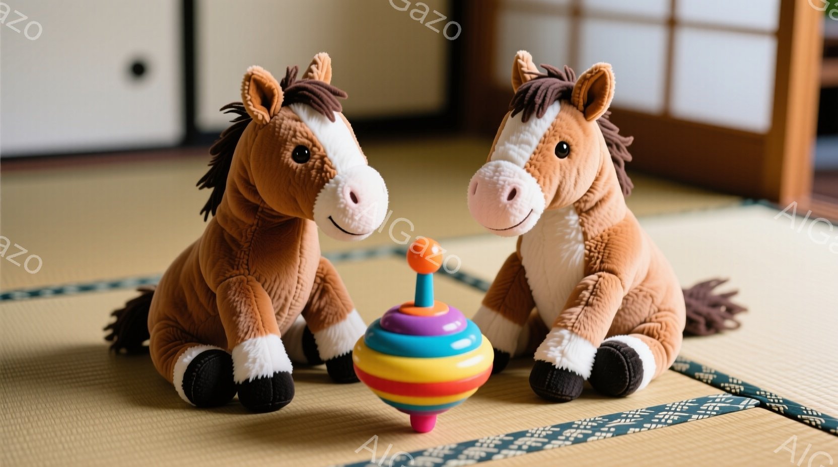 畳の上に二匹のぬいぐるみ馬とコマが置かれています。馬は茶色で白い足とたてがみを持っており、穏やかな表情をしています。背景には障子と襖があり、日本の伝統的な部屋の雰囲気を醸し出しています。