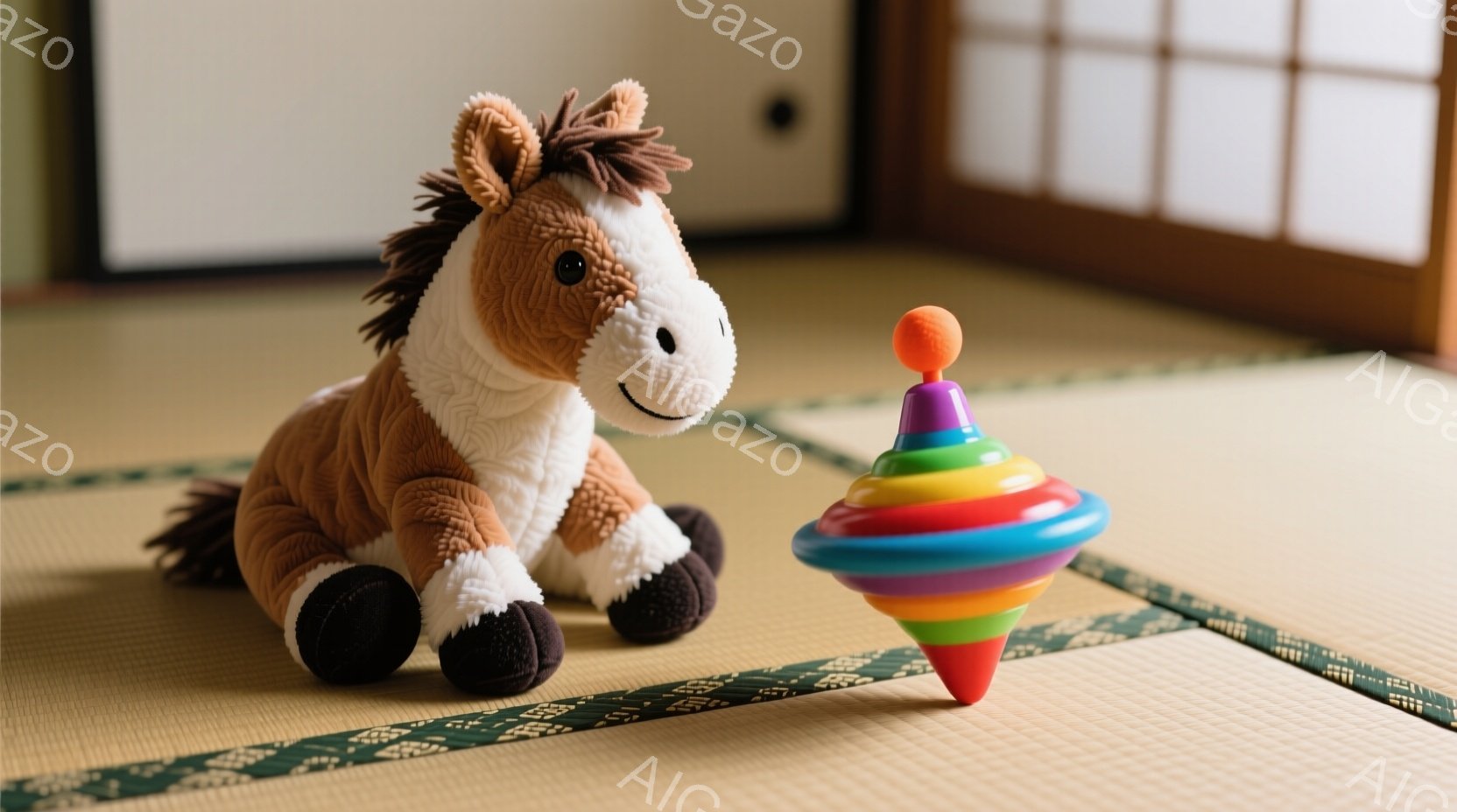 畳の上に、茶色の毛並みの可愛いぬいぐるみ馬と、カラフルなコマが置かれています。馬は前足を伸ばし、穏やかな表情でコマを見つめており、室内は明るく、和やかな雰囲気が漂っています。背景には障子があり、日本の伝統的な空間を連想させます。