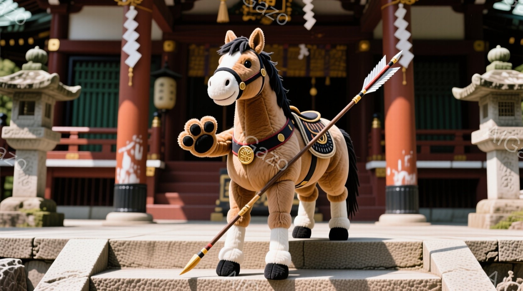 寺院の石段に、着飾ったぬいぐるみのような馬が立っている。赤と黒の陣羽織のようなものを身に着け、手に槍を持っている。背景には朱色の寺院建築と、緑豊かな自然が見え、晴天の穏やかな雰囲気が漂っている。