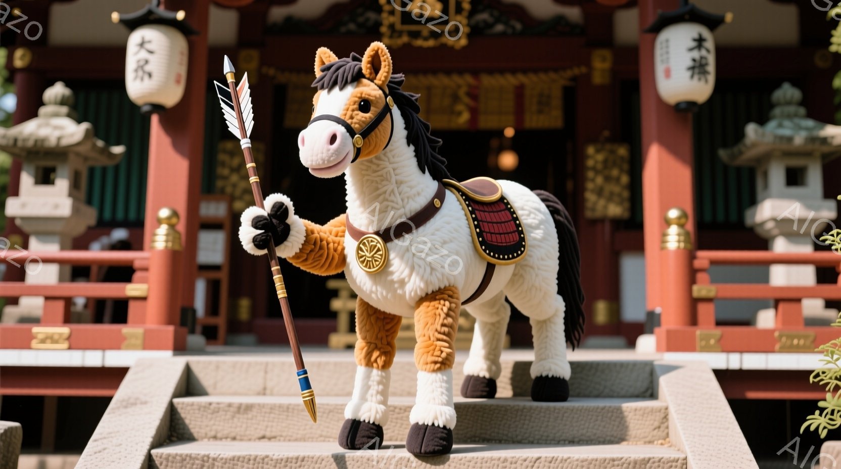 白い馬のおもちゃが、赤い装飾が施された神社の階段に立っている。武者人形のような鎧を身に着け、手に槍を持っている。背景には、伝統的な建築様式の神社が見え、晴れた空の下、穏やかな雰囲気が漂っている。 - AI生成フリー素材