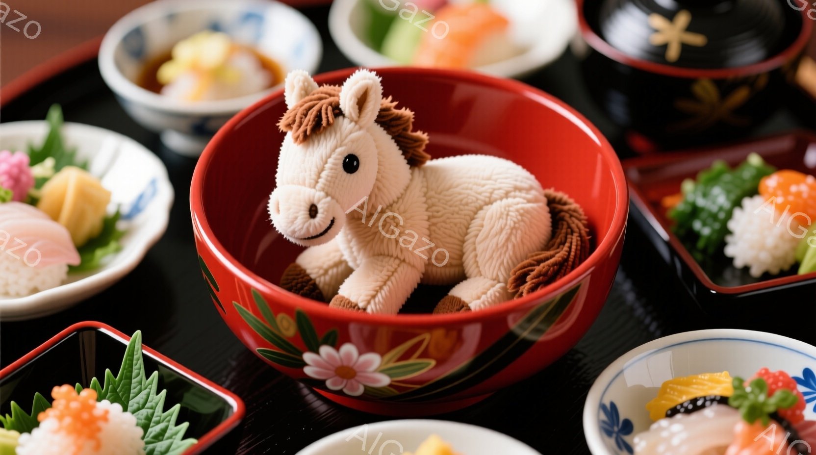 赤い牡丹柄の丼の中に、ふわふわの白い馬の人形が丸まって座っています。周りには、寿司や造りなどの日本料理が盛り付けられた様々な色の器が並べられ、上品な食卓の風景が広がっています。全体的に、可愛らしく、遊び心のある、少し奇妙な雰囲気が漂っています。