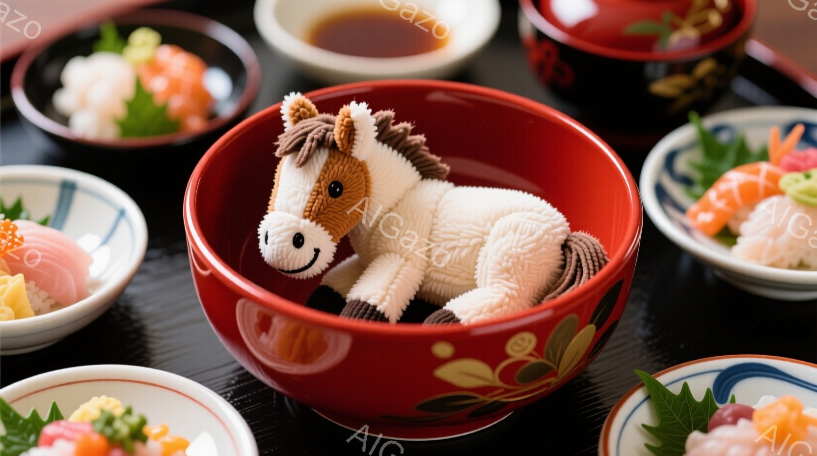 真っ赤な器の中に、白い毛並みの小さな馬のぬいぐるみが入っています。馬は体を丸めて横たわっており、穏やかな表情をしています。周囲には、寿司や茶碗が置かれ、日本の伝統的な食卓を思わせる光景です。