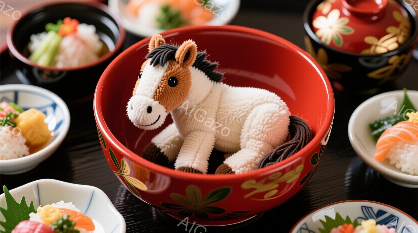 鮮やかな朱色の器の中に、白い毛並みの小さな馬の人形が丸まって座っています。周りには、寿司や煮物などの和食が盛り付けられた様々な形の陶器が並び、日本の伝統的な食文化を感じさせます。全体的に暖色系の色調で、落ち着いた、お祝いのような雰囲気が漂っています。
